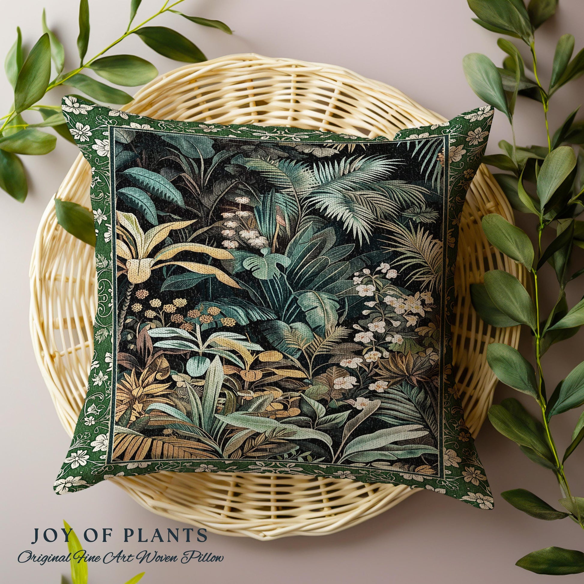 Jungle Leaves Botanical Woven Pillow | Tropical Jungle Nature Lover Book Nook Cozy Plant Lover Boho Bedroom Decor Elegant Tapestry Cushion |