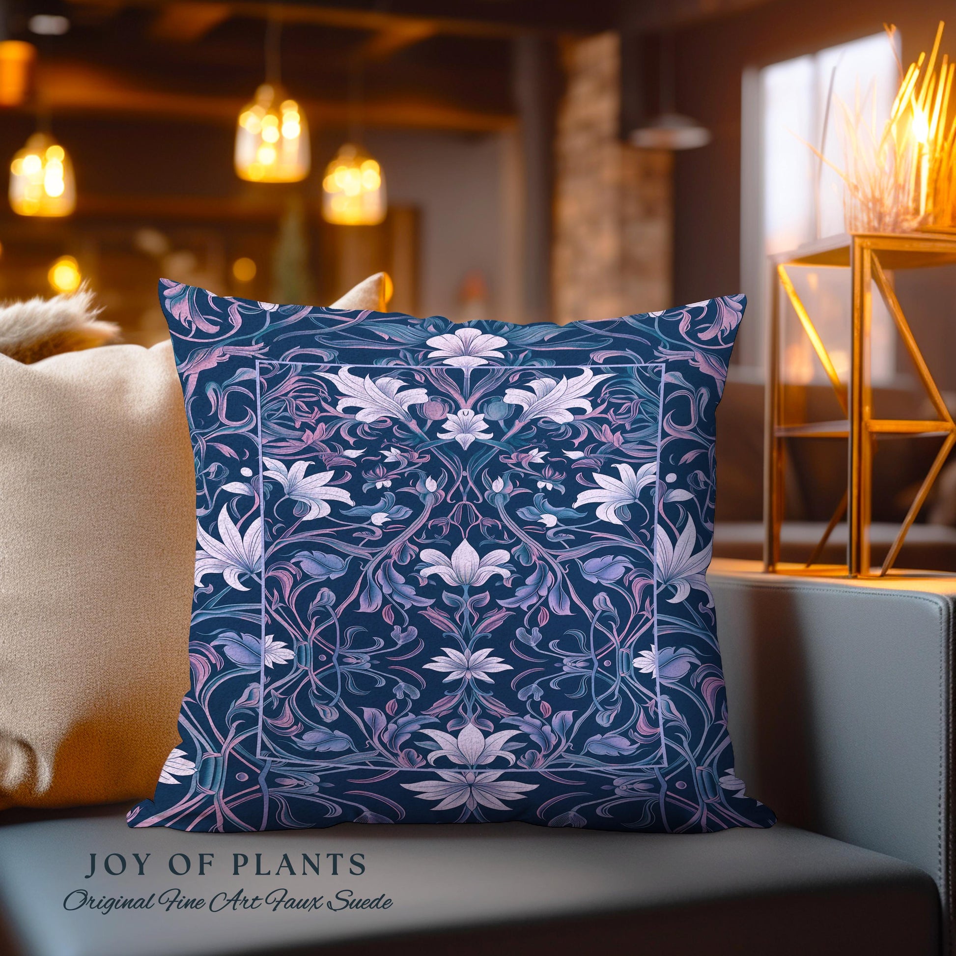 Colorful Floral Throw Pillow Whimsical | Ornate Renaissance Style Art Deco Aesthetic Purple Dark Botanical Tapestry Cushion Morris Inspired