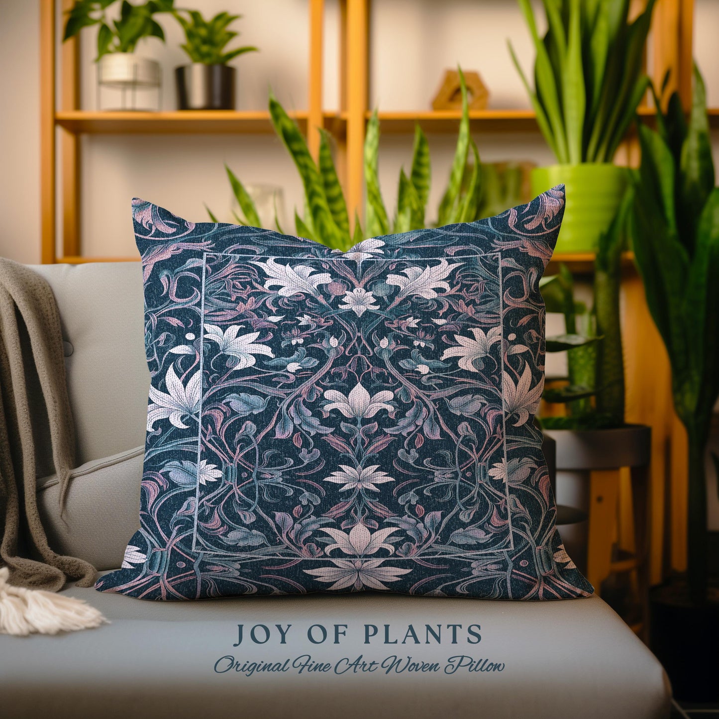 Colorful Floral Throw Pillow Whimsical | Ornate Renaissance Style Art Deco Aesthetic Purple Dark Botanical Tapestry Cushion Morris Inspired
