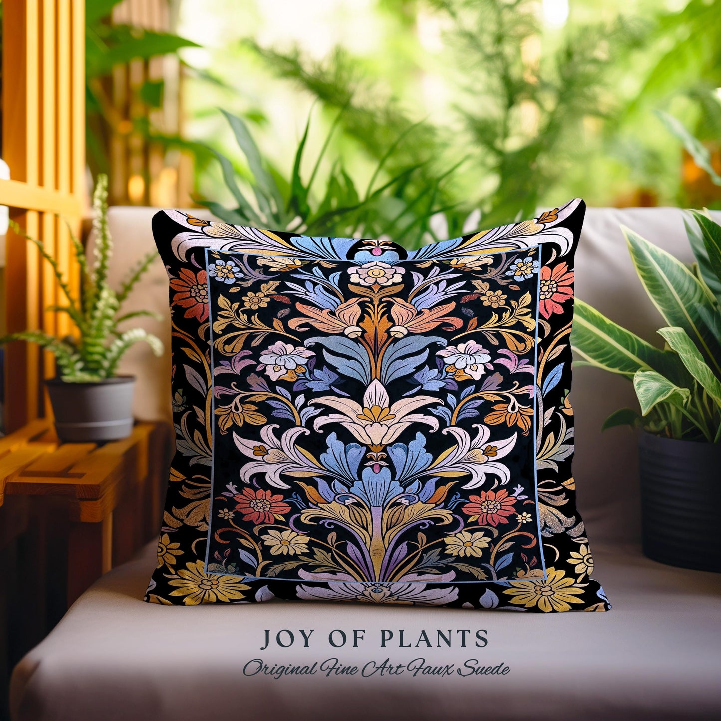 Bohemian Botanical Art Nouveau Floral Pillow Enchanted Forest Flower Motifs, Whimsical Cottagecore Charm Fairycore Inspired Boho Cushion