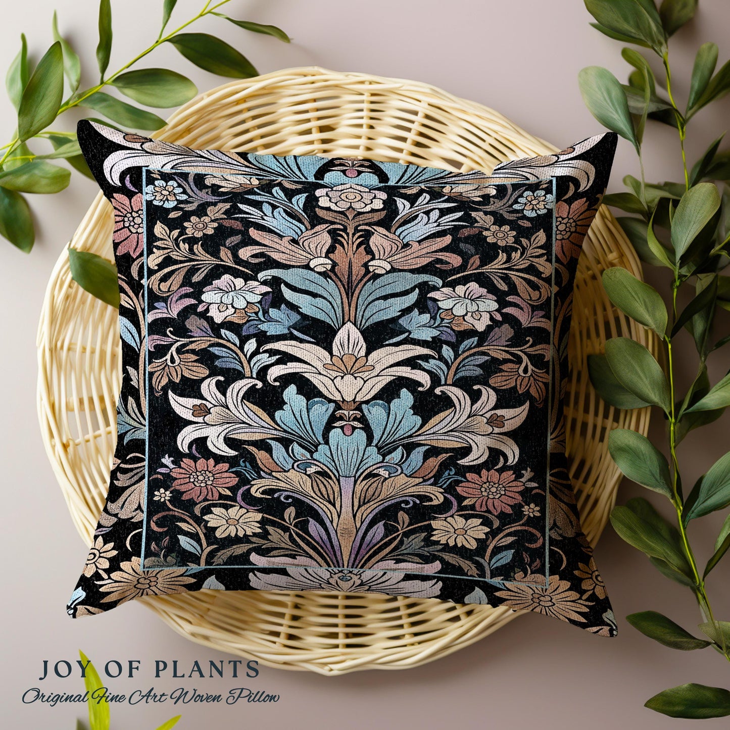 Bohemian Botanical Art Nouveau Floral Pillow Enchanted Forest Flower Motifs, Whimsical Cottagecore Charm Fairycore Inspired Boho Cushion