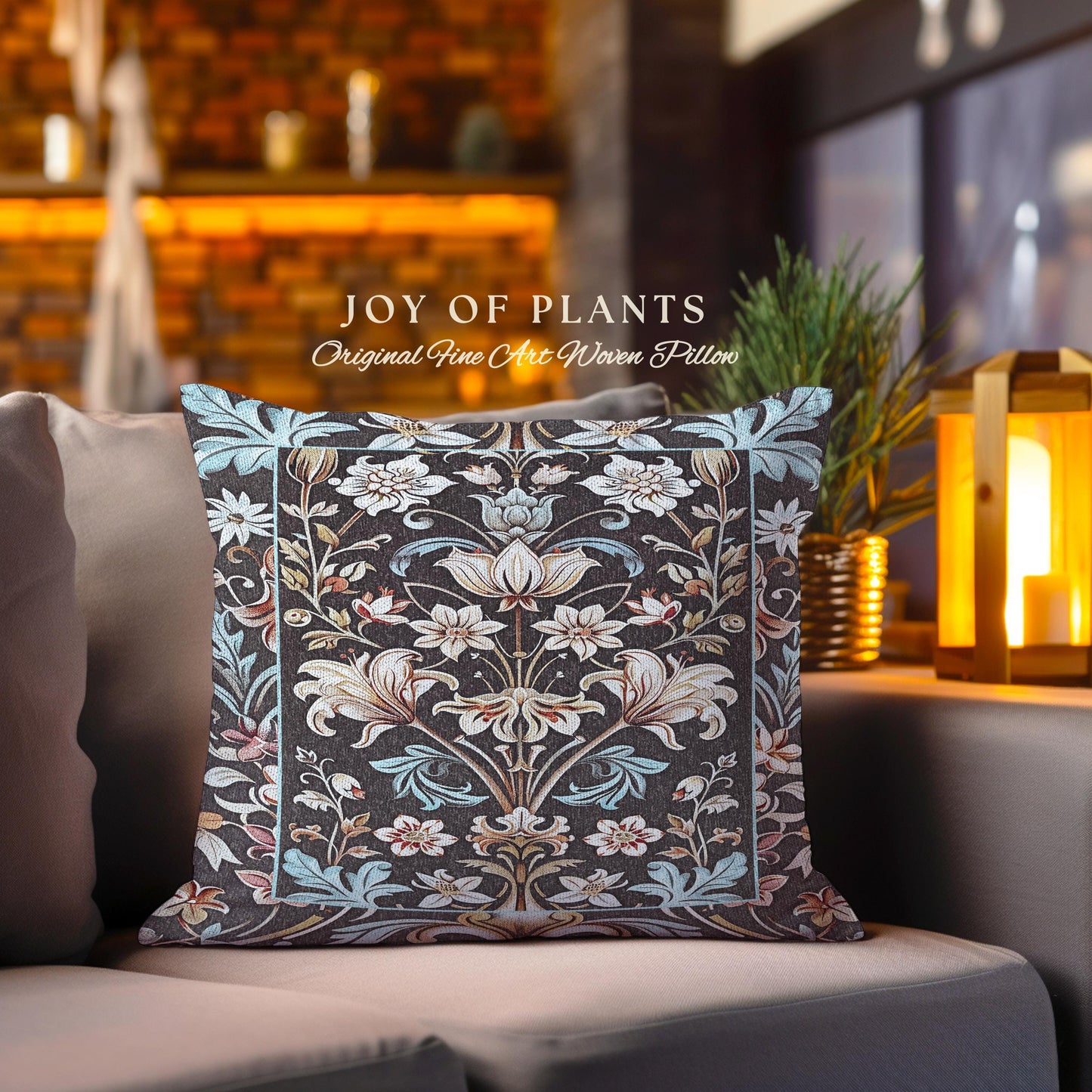 Whimsical Art Nouveau Floral Pillow Victorian Whimsigothic Botanical, Vintage Academia Decor William Morris Inspired Elegant Woven Cushion |