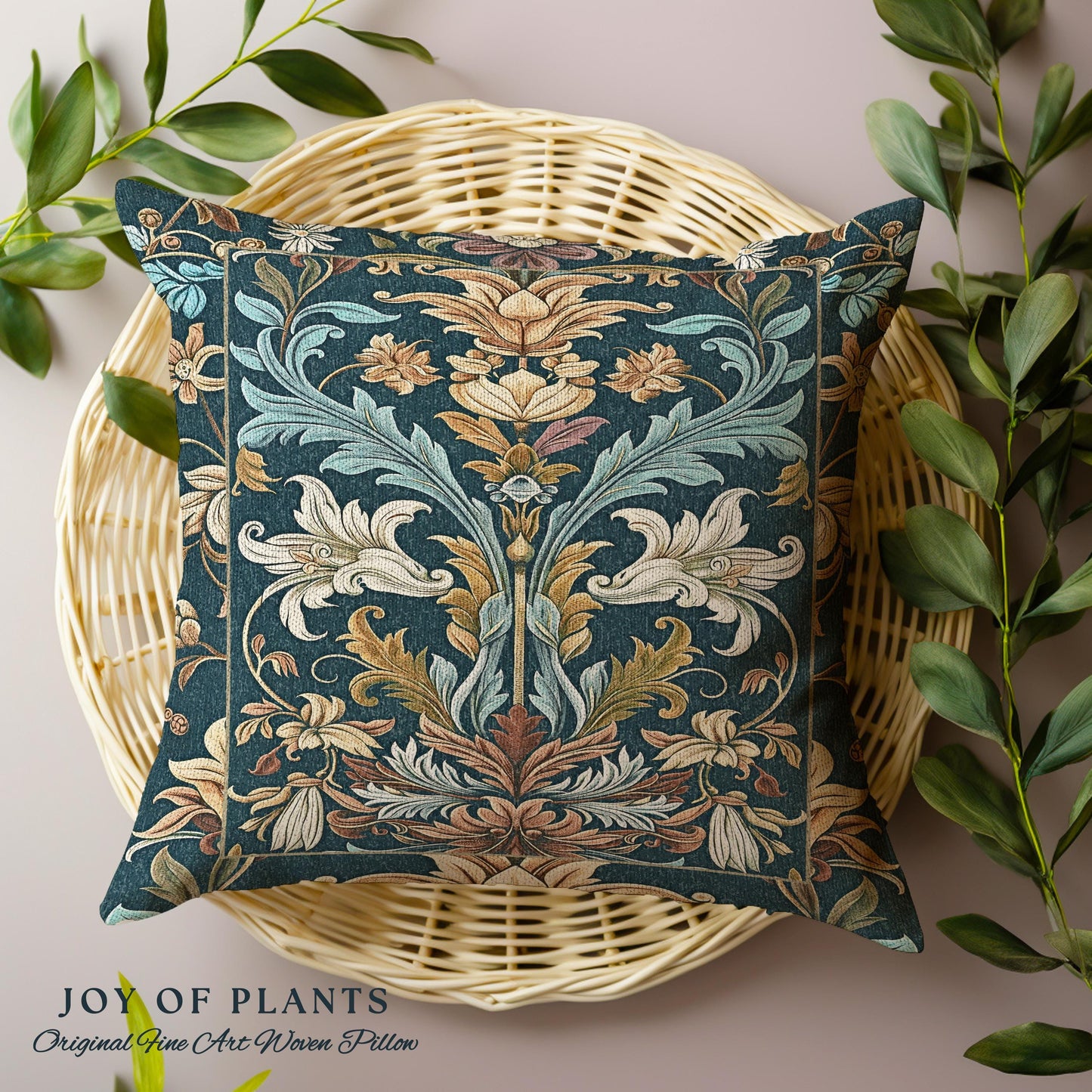 Art Nouveau Floral Ornate Throw Pillow Renaissance Style Botanical Dark Academia, William Morris Inspired Rustic Farmhouse Tapestry Cushion