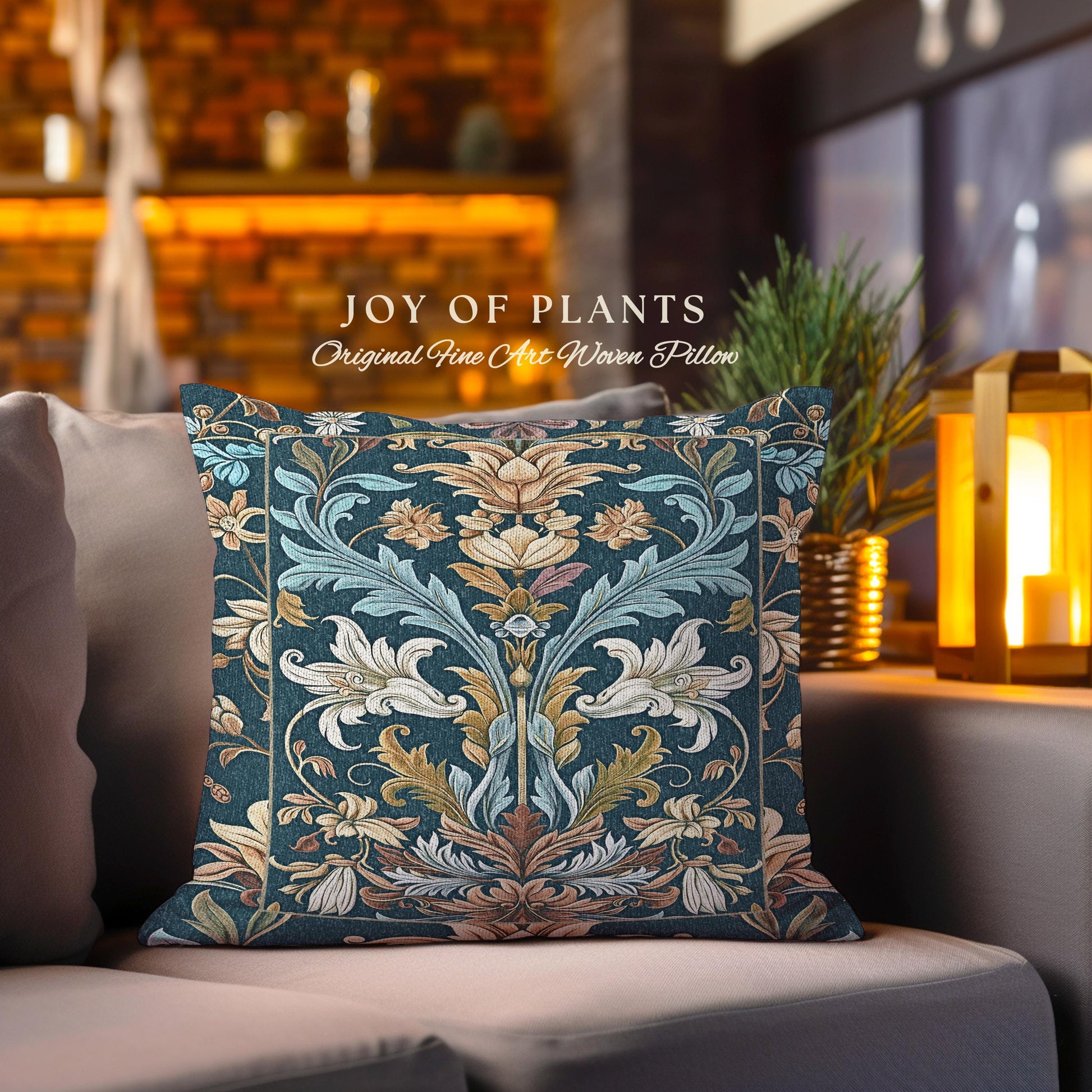 Art Nouveau Floral Ornate Throw Pillow Renaissance Style Botanical Dark Academia, William Morris Inspired Rustic Farmhouse Tapestry Cushion