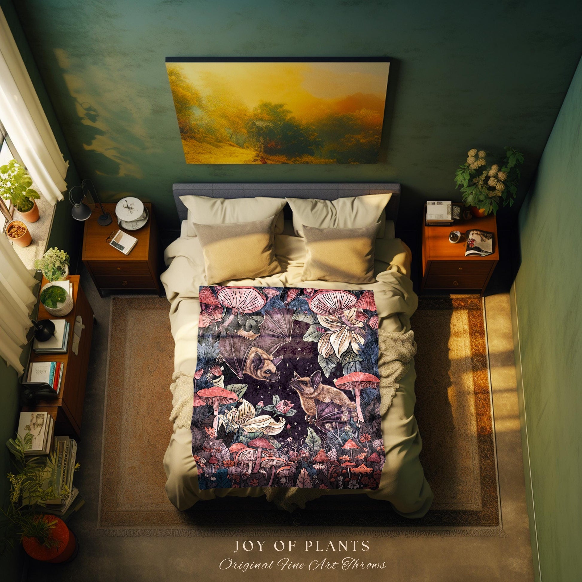 Mushroom Bat Celestial Throw Blanket | Mystic Woodland Cottagegoth Aesthetic Boho Bat Moon and Stars Ethereal Wall Tapestry Woven Throw |