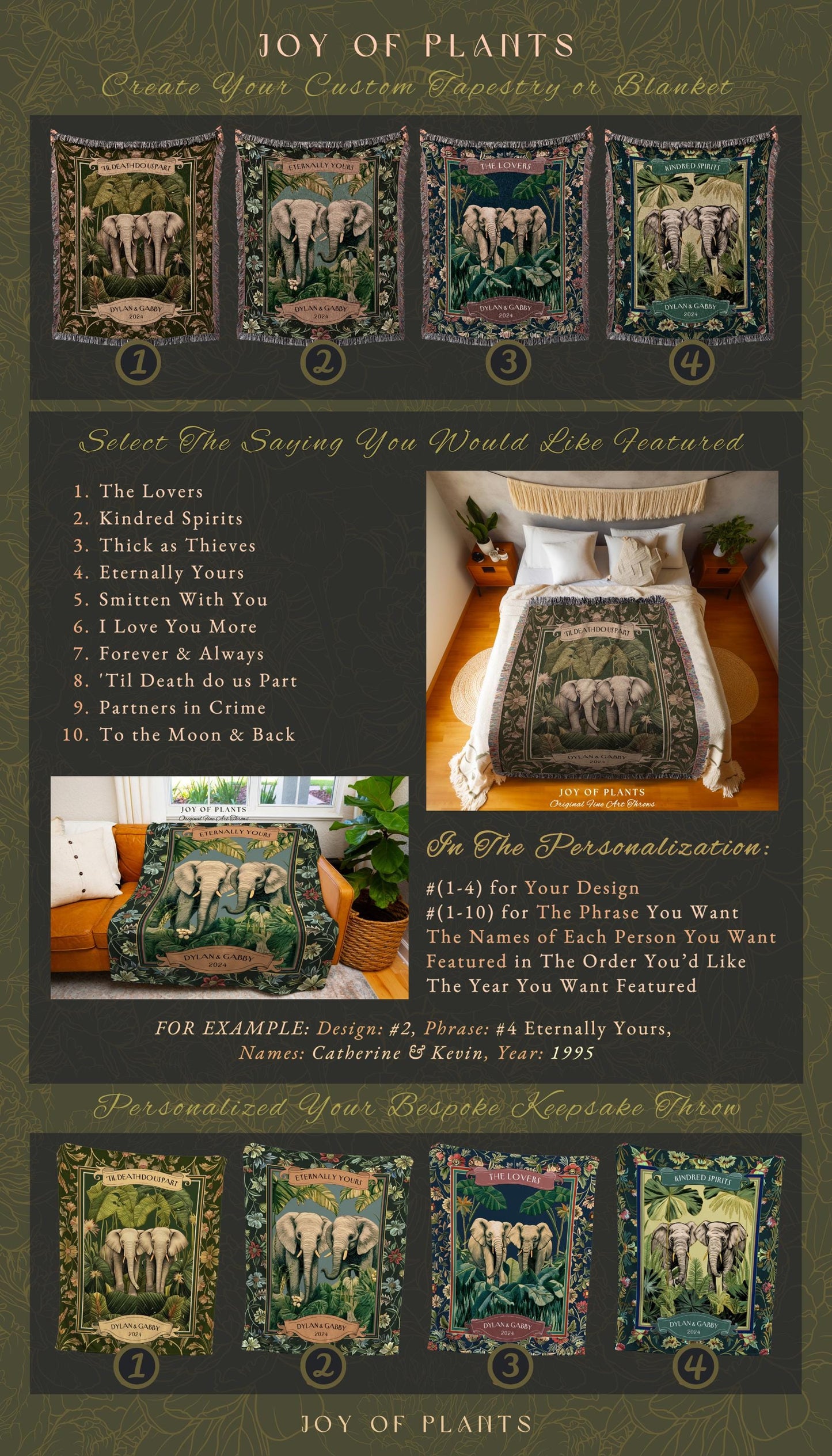 Tropical Botanical Elephant Couple Blanket | Jungle Tapestry Wedding Throw Personalized His & Hers Names Custom Anniversary Gift Cute Throw