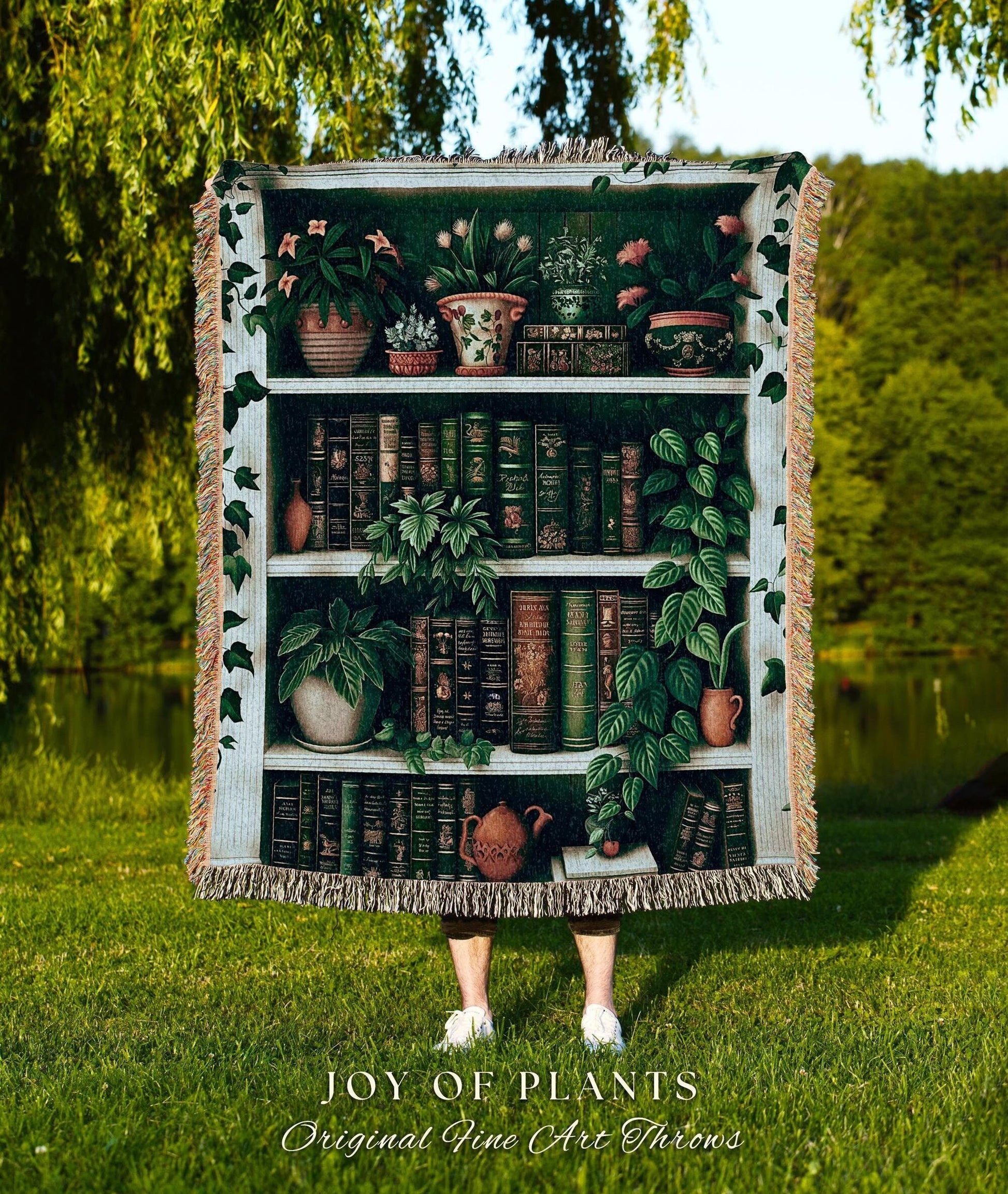 Plant Library Botanical Bookshelf Blanket | Maximalist Aesthetic Bedroom Decor Reading Throw Dark Academia Wall Hanging Tapestry Whimsical |