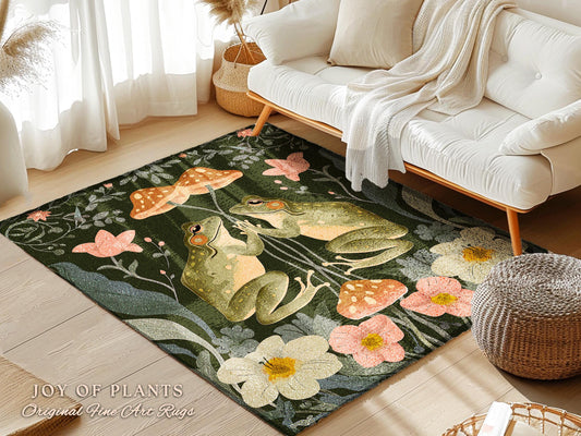 Cute Floral Cottagecore Frog Area Rug | Whimsical Aesthetic Fairycore Frog Rug Lily Pad Boho Botanical Woodland Whimsy Folklore Toadstool |