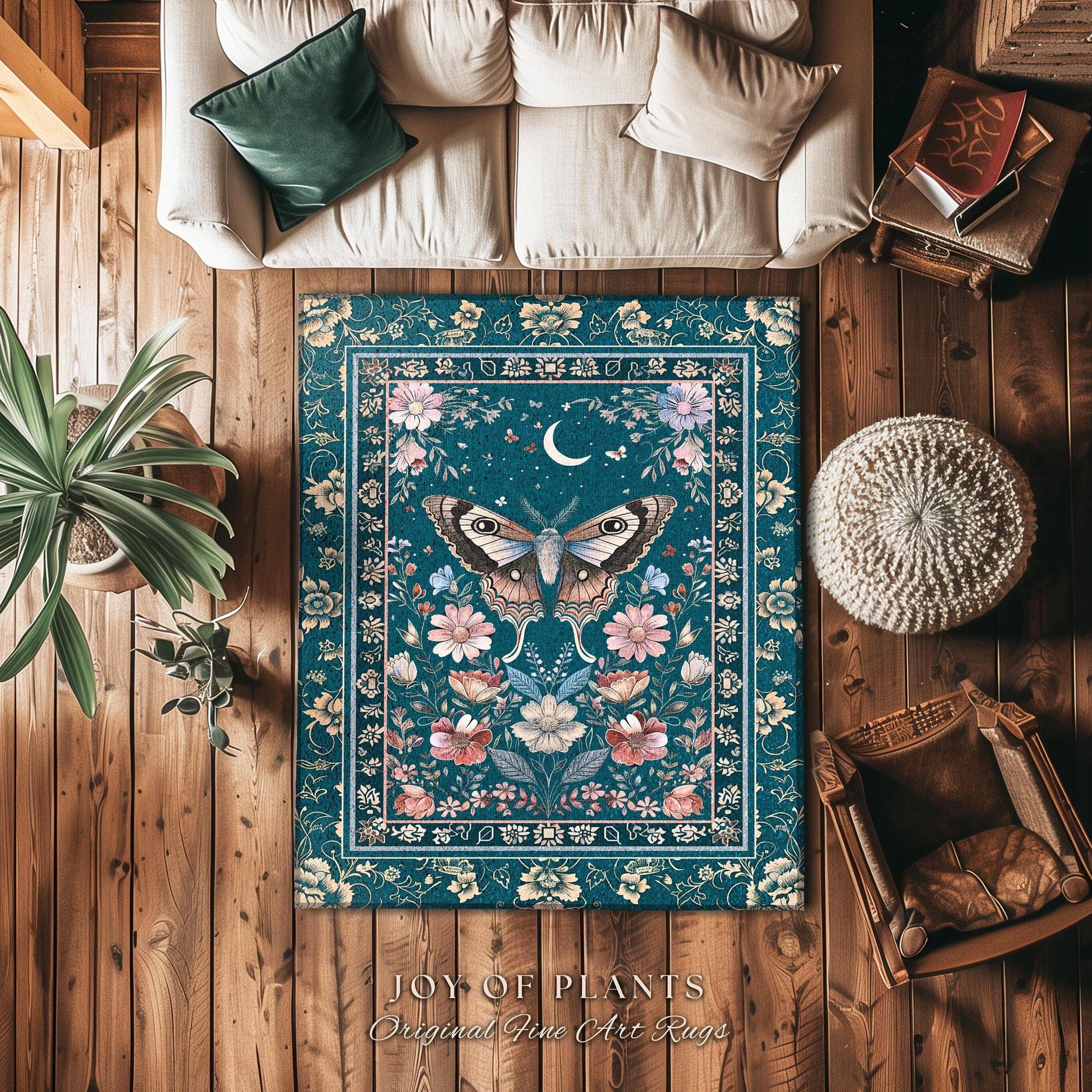 Magic Aesthetic Teal Area Rug | Celestial Fairycore Eclectic Maximalist Accent Rug Woodland Cottagecore Forestcore Bedroom Pastel Mysticism