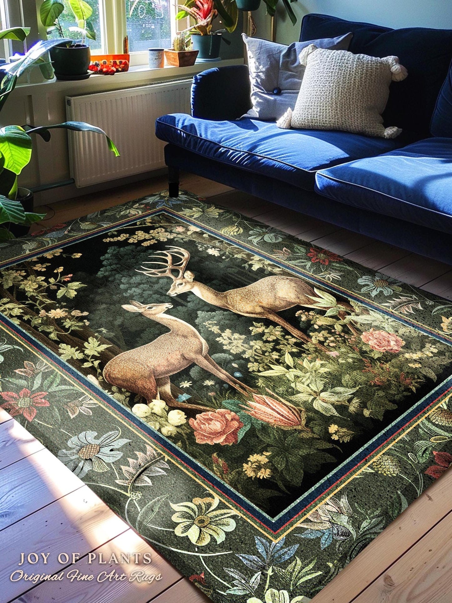 Mystic Woodland Forest Deer Area Rug | Spirit Animal Ethereal Earthy Whimsigoth Dark Botanical Bedroom Rug Whimsical Folklore Nursery Theme