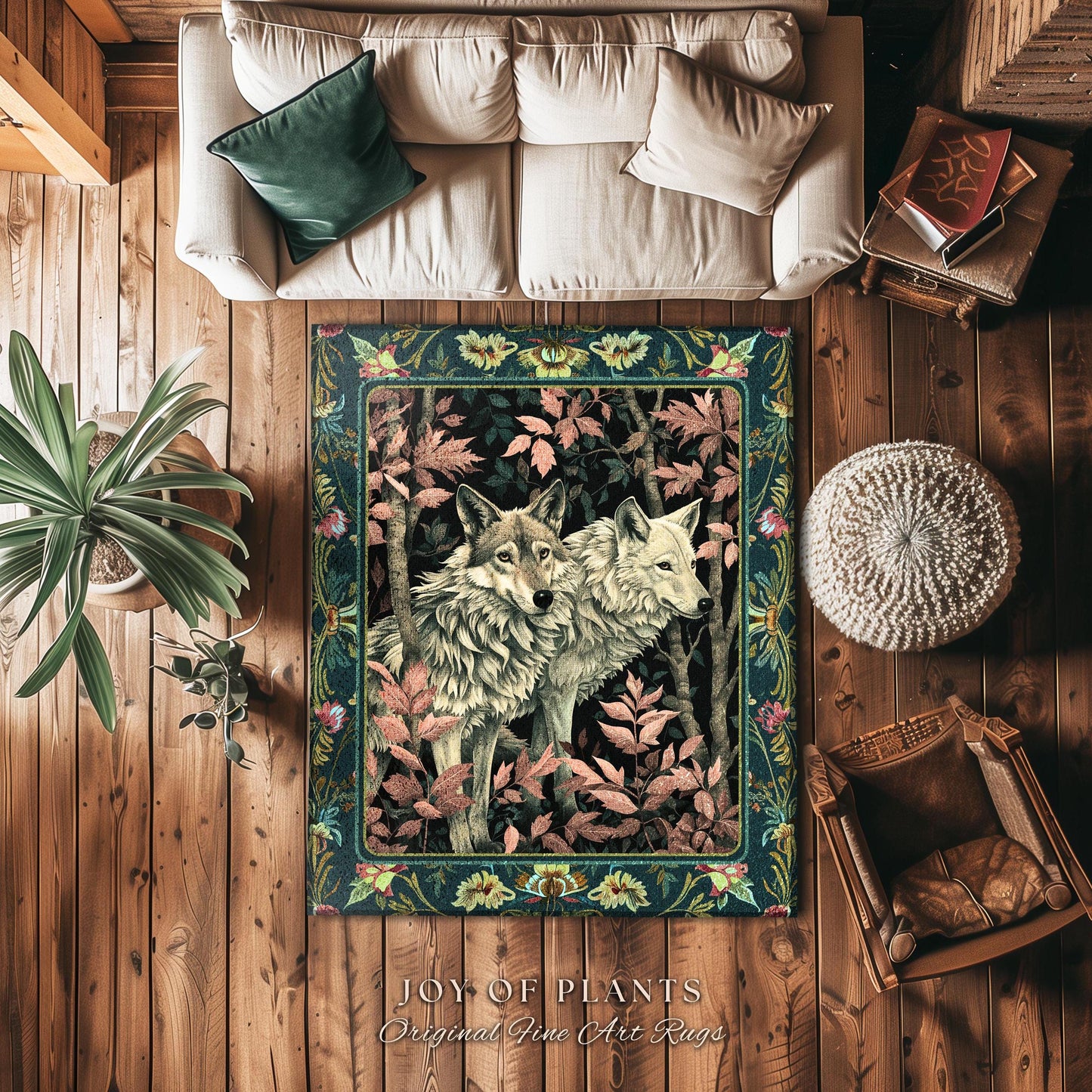 Botanical Forest Spirits Area Rug | Woodland Ethereal Unique Home Accent Wolf Nursery Theme Eclectic Aesthetic Whimsical Cottagecore Decor |