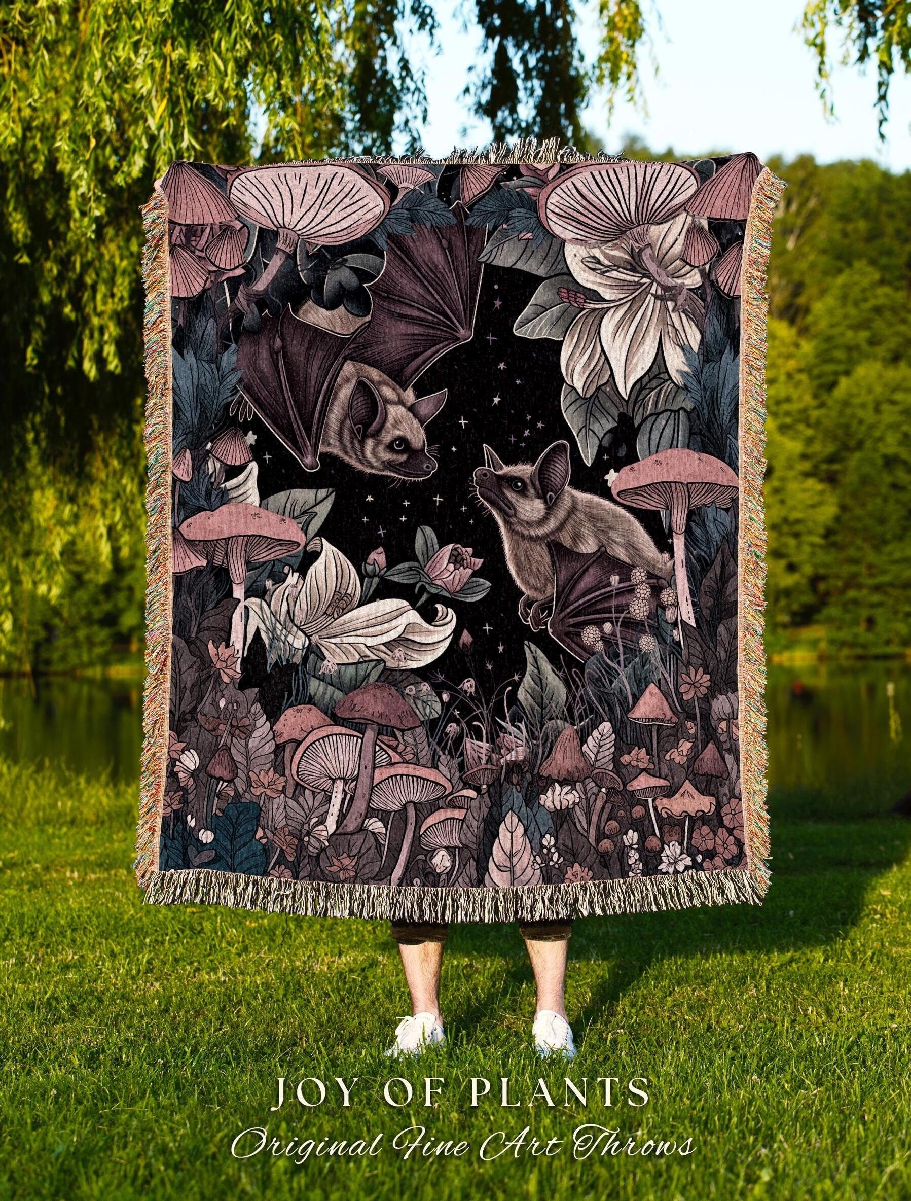 Mushroom Bat Celestial Throw Blanket | Mystic Woodland Cottagegoth Aesthetic Boho Bat Moon and Stars Ethereal Wall Tapestry Woven Throw |