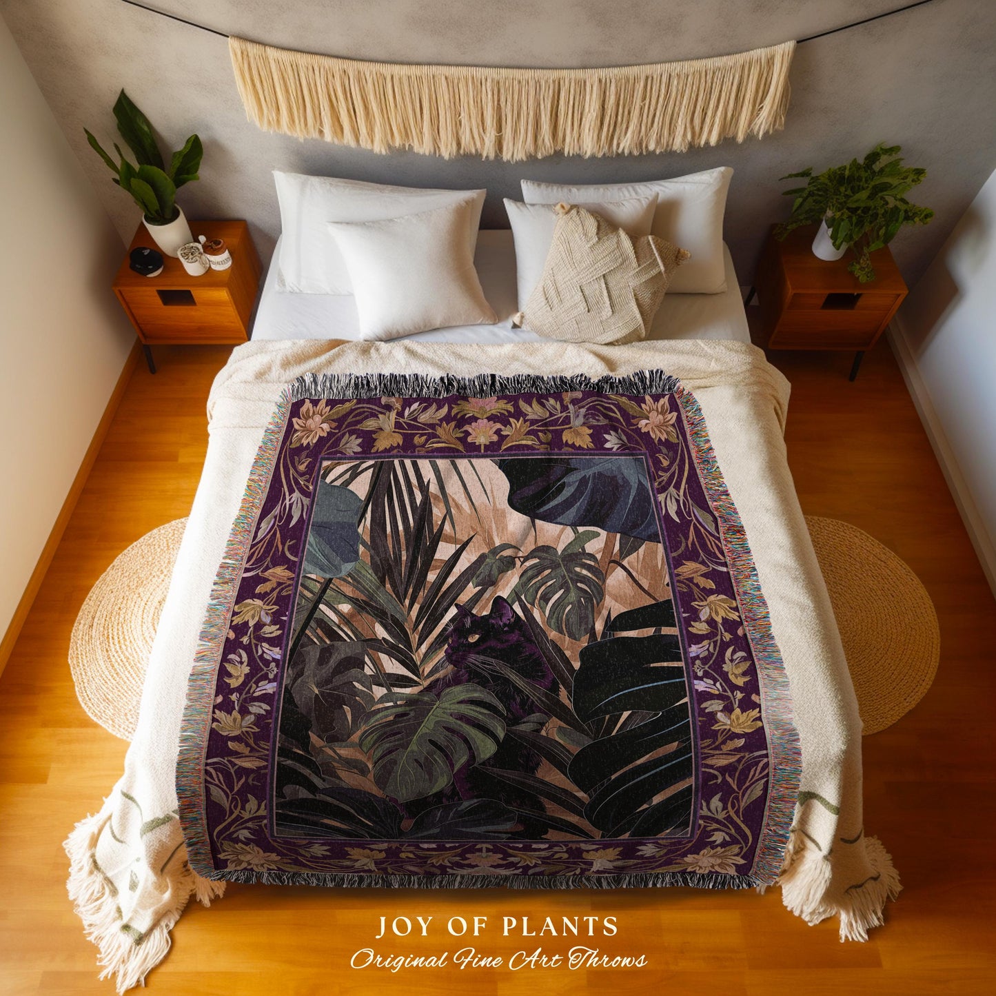 Enchanted Jungle Black Cat Blanket Whimsical Monstera Moody Maximalism Whimsigoth Woven Tapestry Retro Gothic Dark Botanical Art Cottagecore