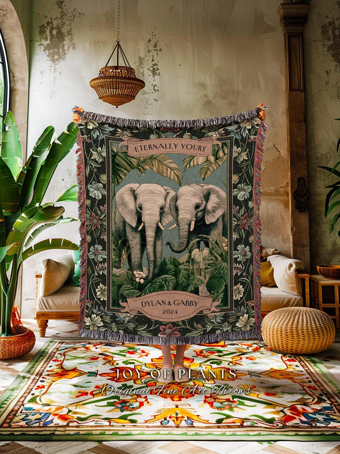 Romantic Outdoorsy Couple Tapestry Woven Cotton | Wedding Keepsake Throw Blanket Personalized His & Hers Names Custom Anniversary Botanical