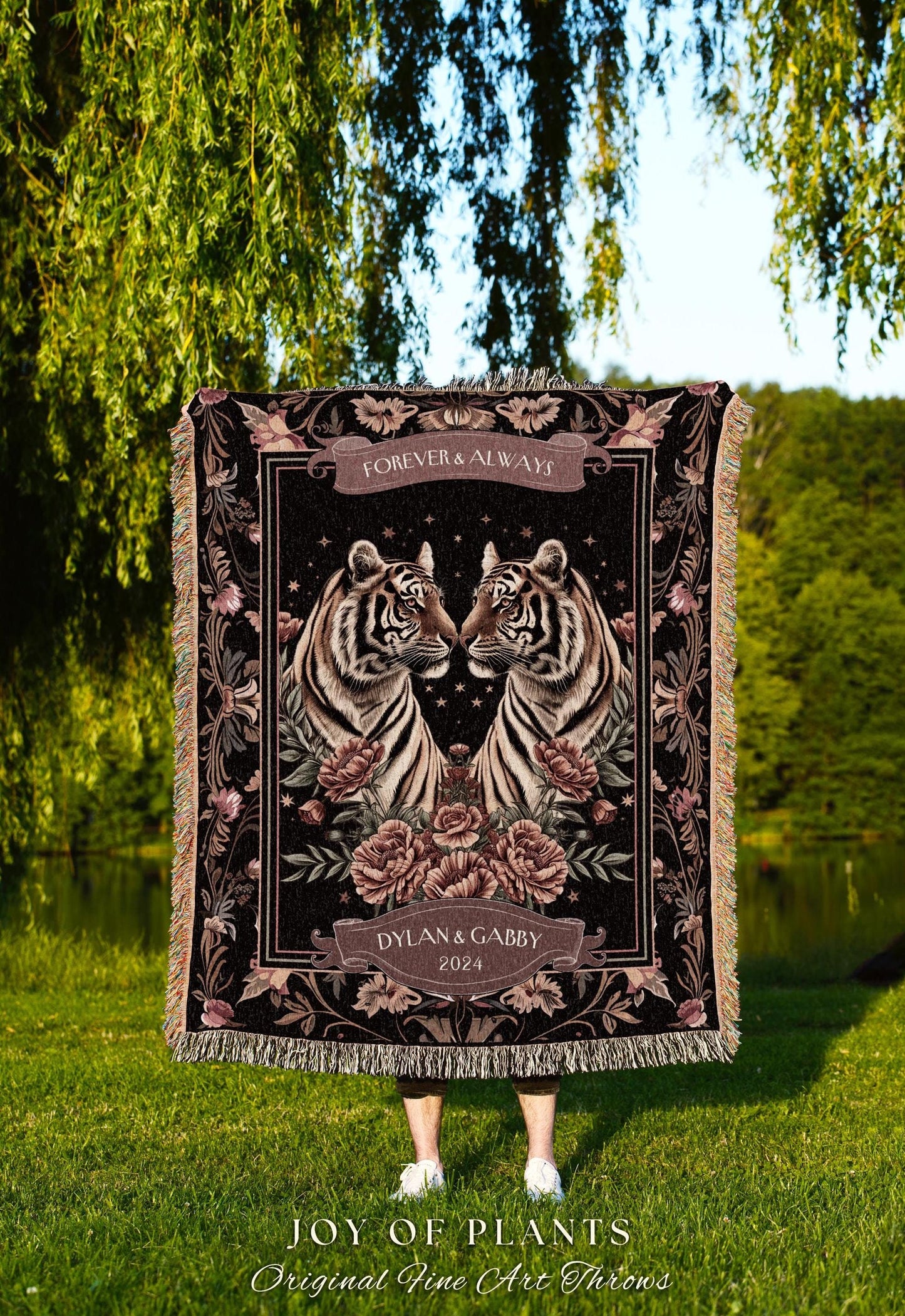 Forever and Always Tiger Tapestry Throw Blanket | Custom Saying Gift for Partner Cozy Woven Starry Night Blanket Personalized Anniversary |