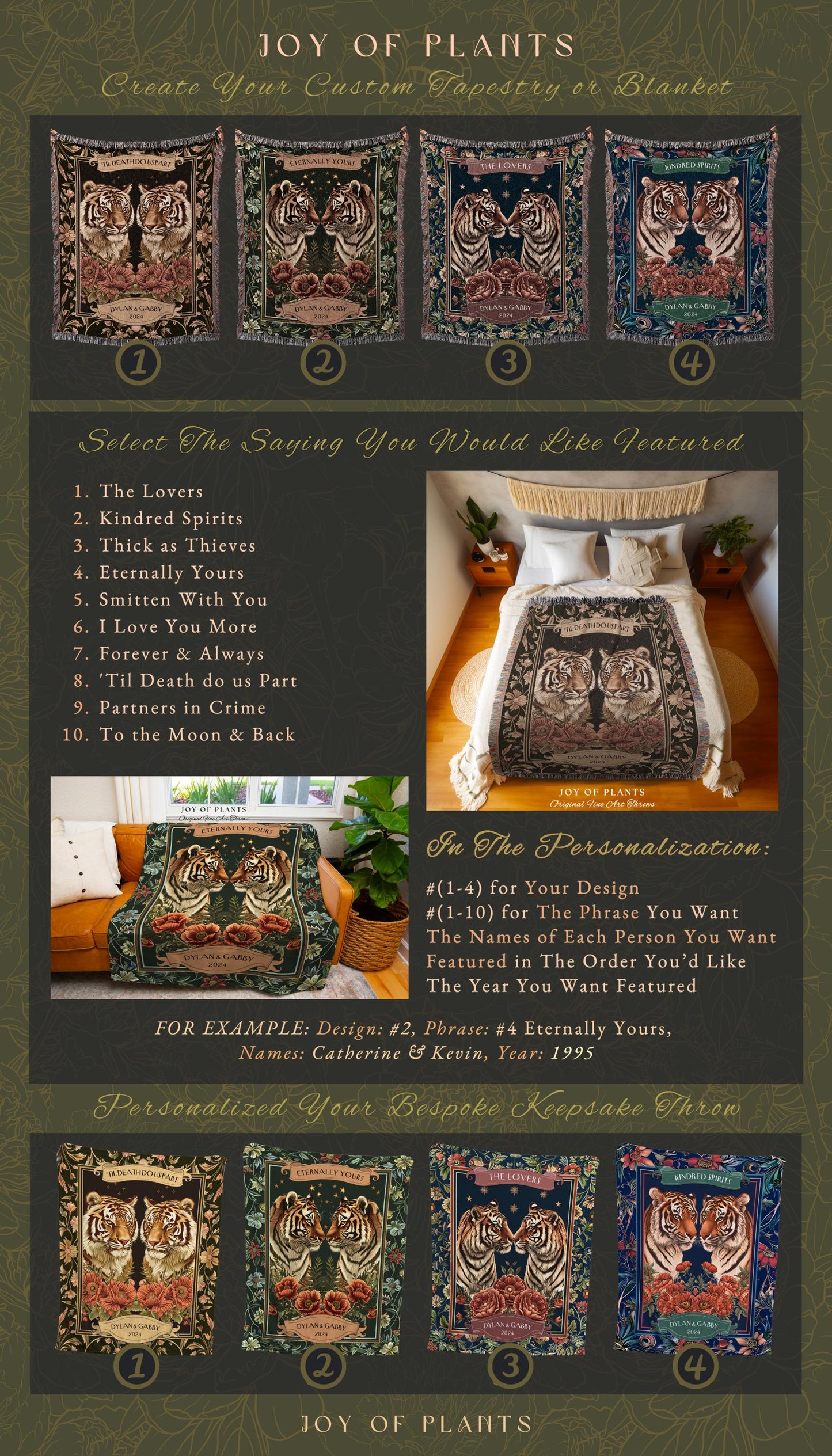 The Lovers Tiger Couple Tapestry Blanket | Personalized Gift for Girlfriend Cozy His & Her Names Celestial Woven Blanket Custom Anniversary