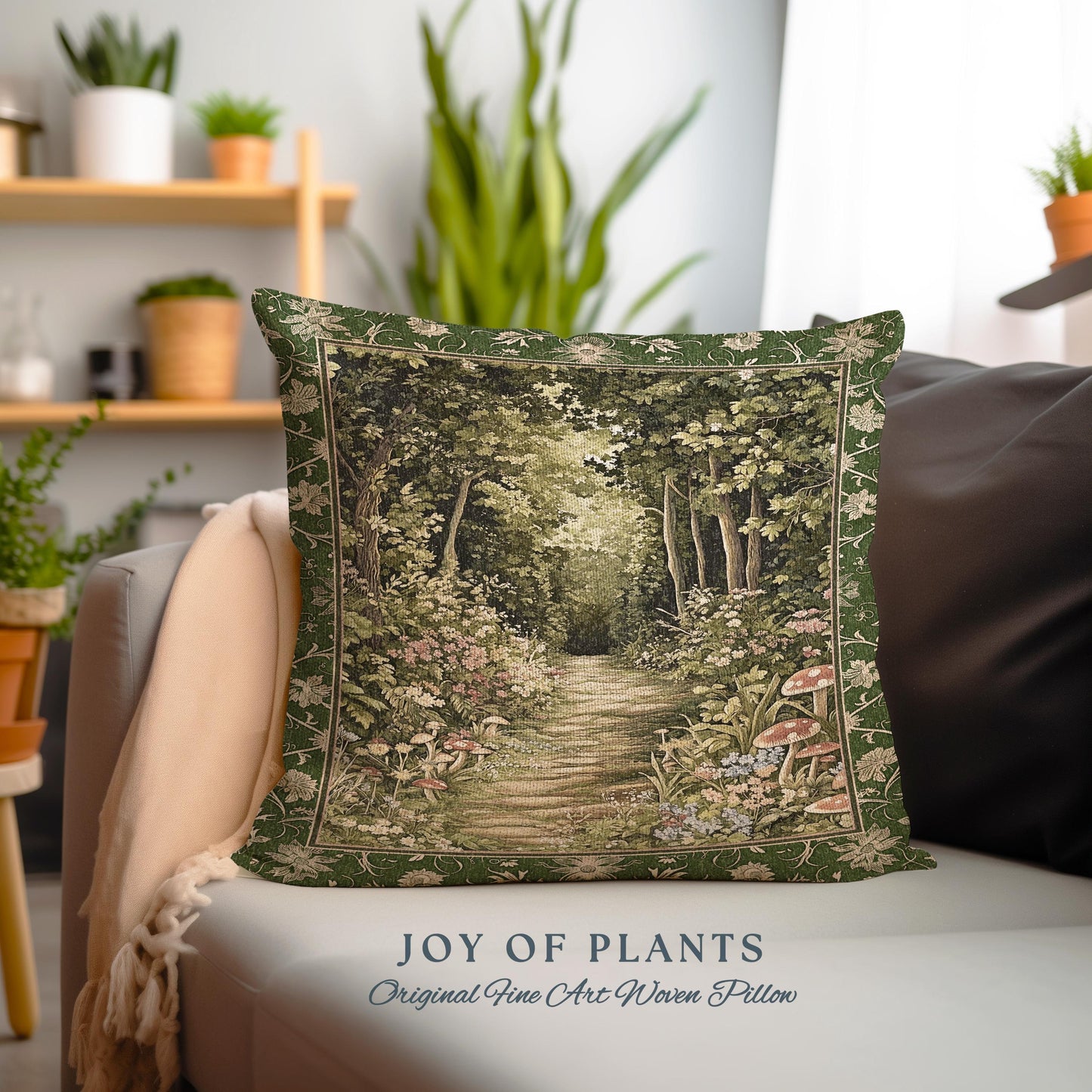 Natural Plants Ethereal Folklore Throw Pillow | Woodland Fairy Inspired Nature Lover Bedroom Cozy Earthy Tapestry Pillow Mystical Floral |