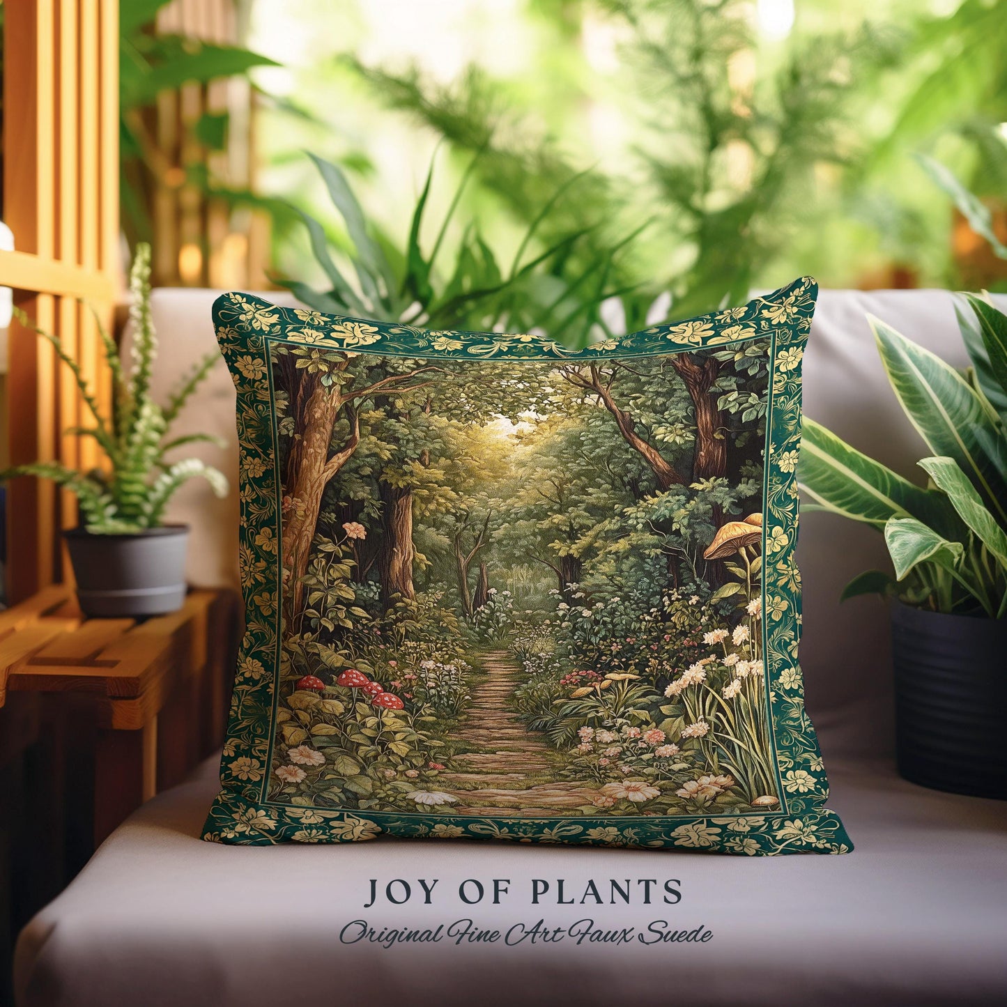 Botanical Bedroom Throw Pillow Fairycore | Woodland Mushroom Aesthetic Nature Lover Book Nook Tapestry Pillow Woven Emerald Green Decor |