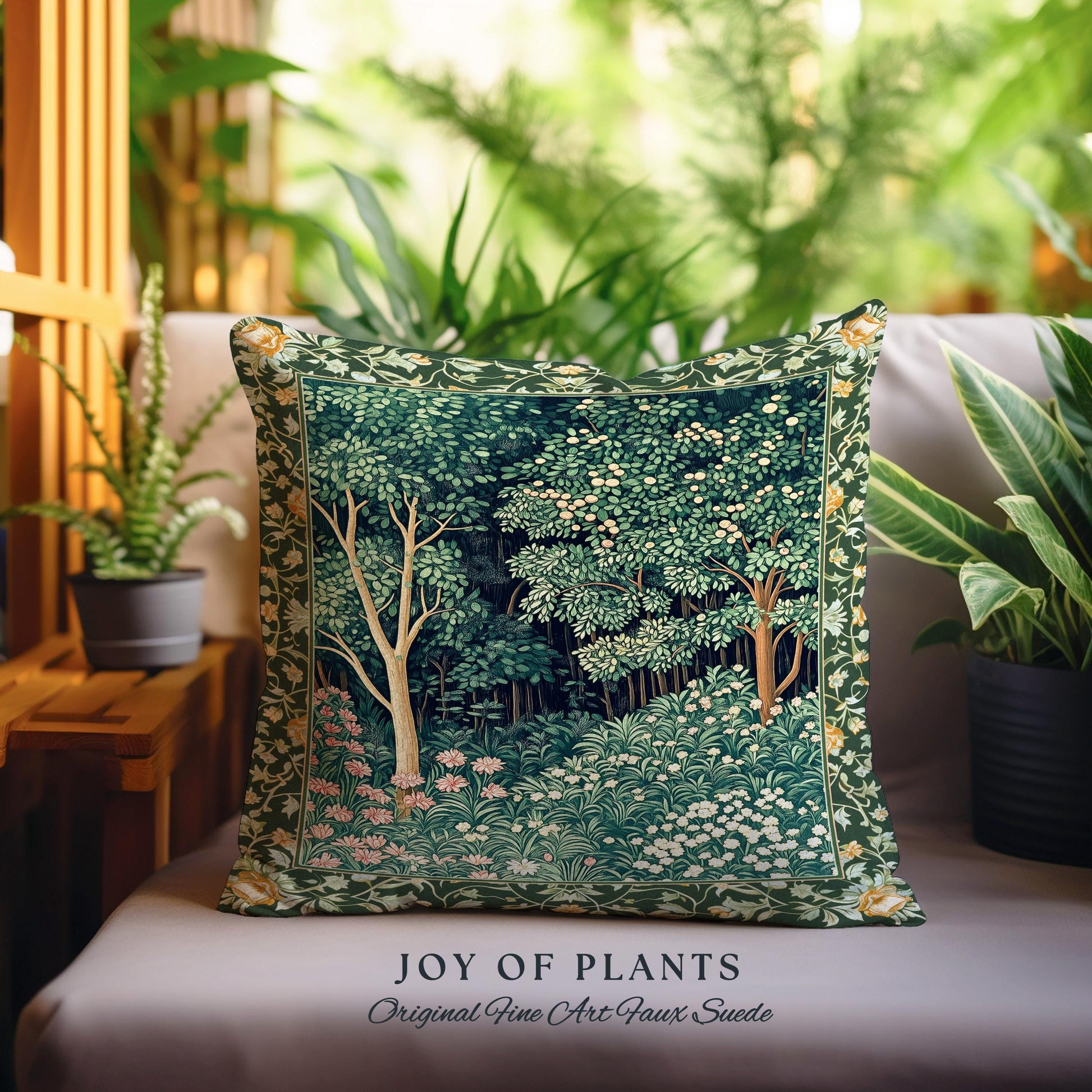 Medieval Forest Botanical Accent Pillow | Woodland Botanical Emerald Green Vintage Aesthetic Mystic Book Nook Cushion Magical Bedroom Theme