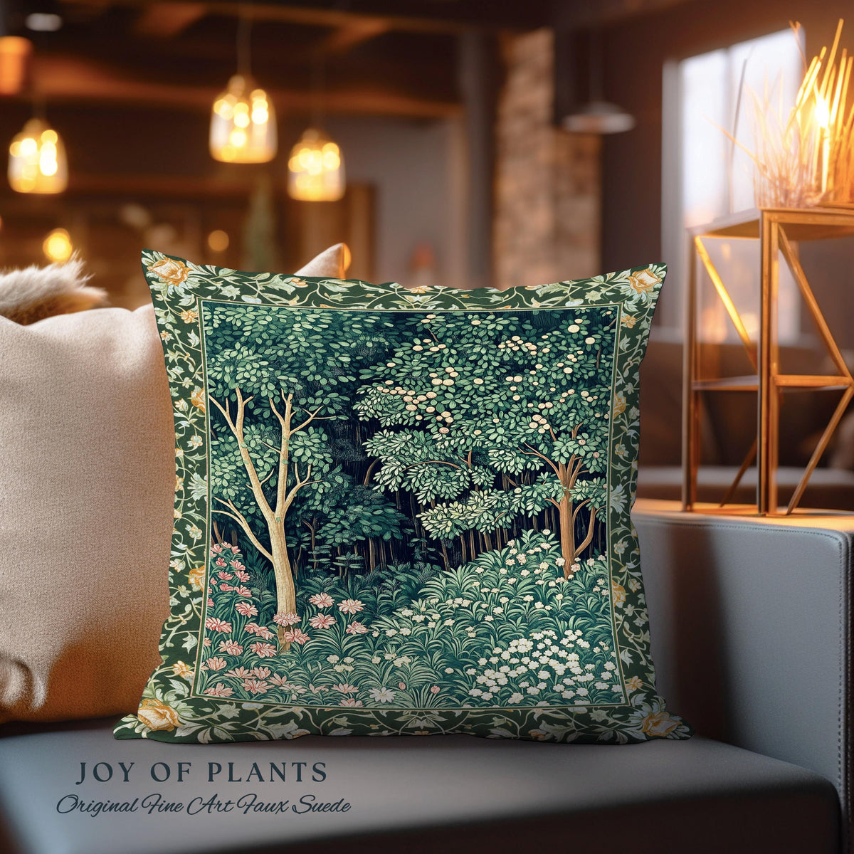 Medieval Forest Botanical Accent Pillow | Woodland Botanical Emerald Green Vintage Aesthetic Mystic Book Nook Cushion Magical Bedroom Theme