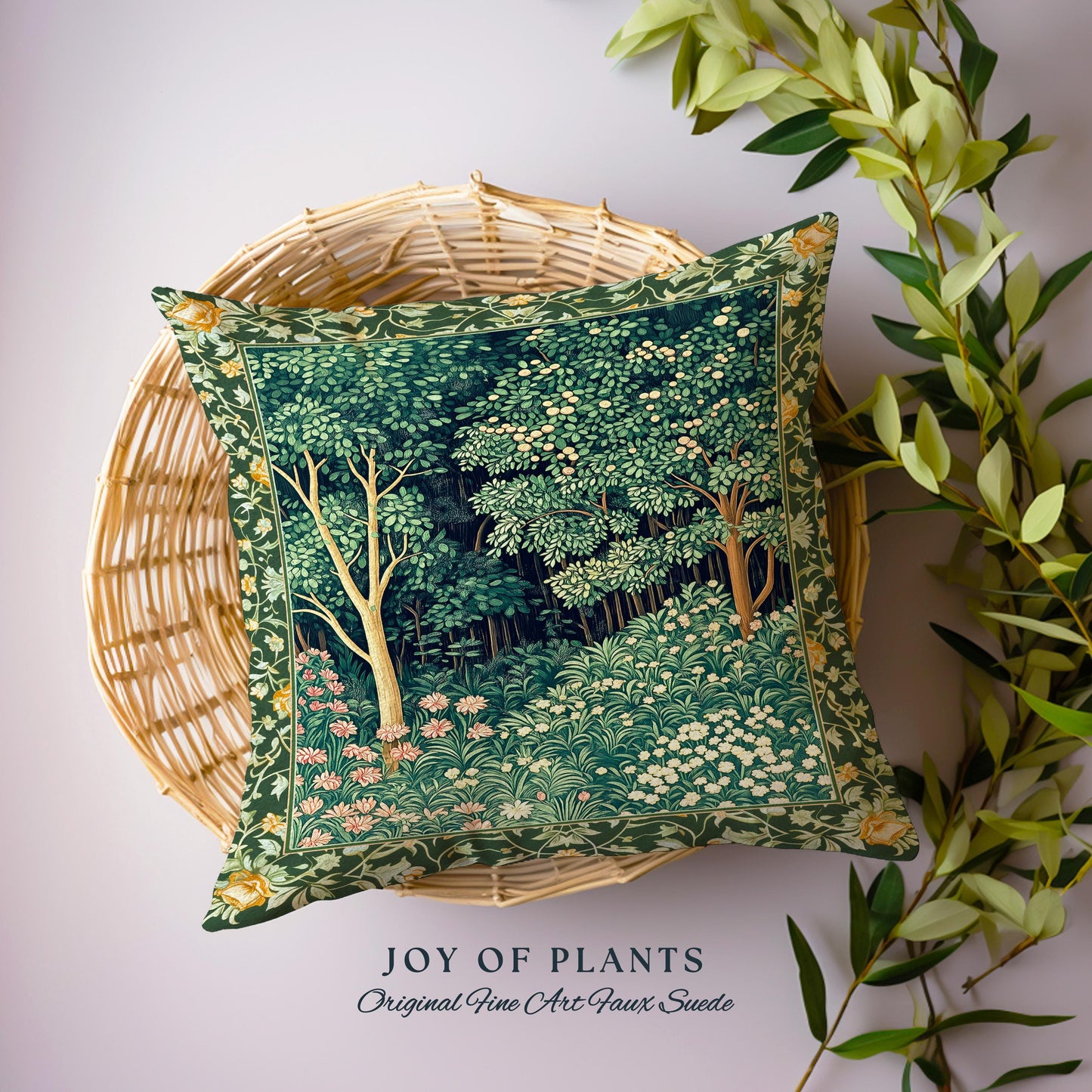 Medieval Forest Botanical Accent Pillow | Woodland Botanical Emerald Green Vintage Aesthetic Mystic Book Nook Cushion Magical Bedroom Theme