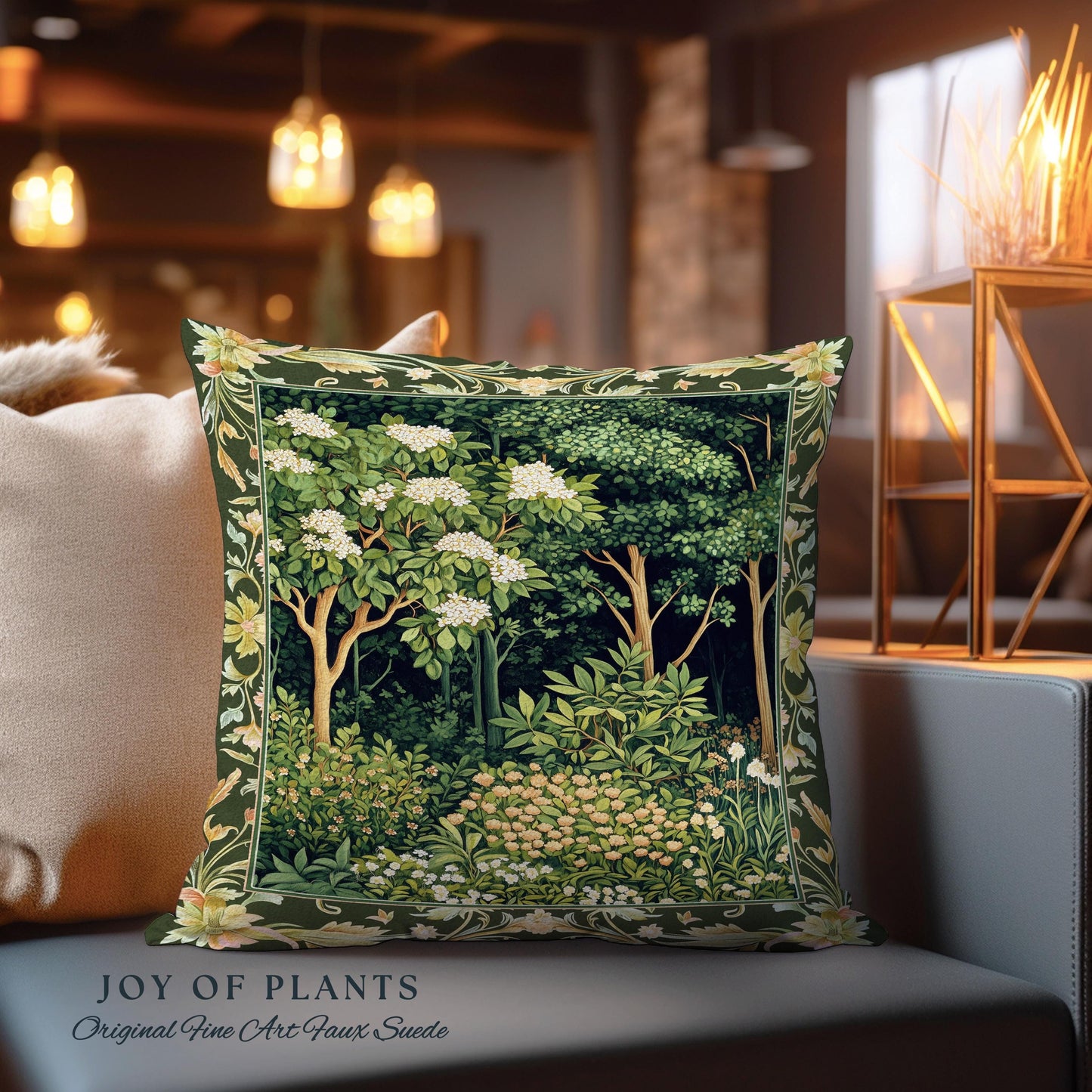 Emerald Green Medieval Tree Tapestry Pillow | Magical Woodland Cottagecore Aesthetic Nature Lover Book Nook Olive Green Decor Bohemian Cute