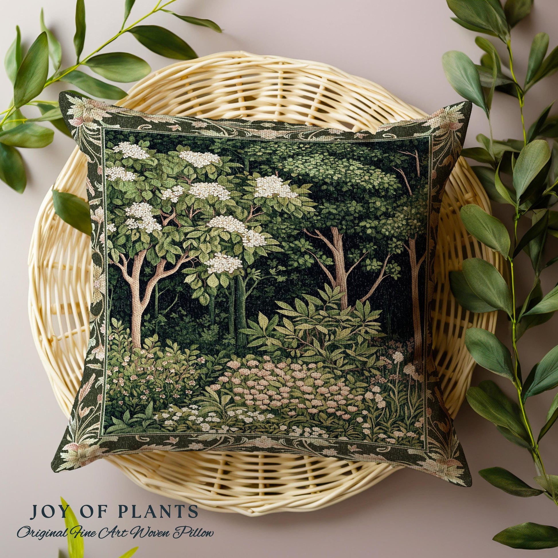 Emerald Green Medieval Tree Tapestry Pillow | Magical Woodland Cottagecore Aesthetic Nature Lover Book Nook Olive Green Decor Bohemian Cute