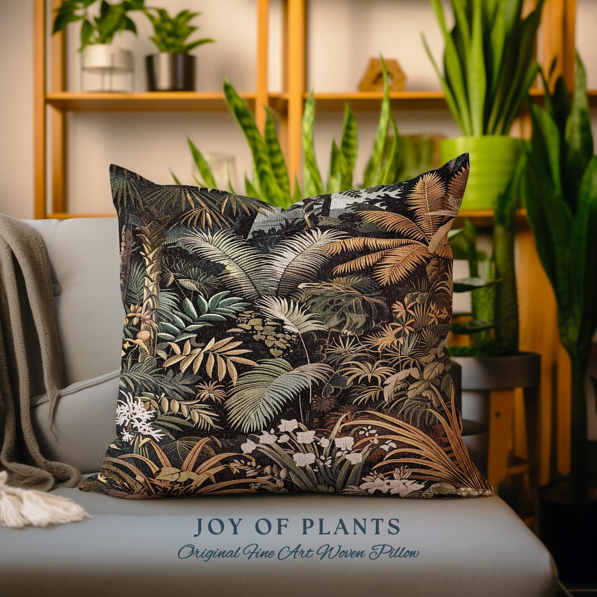 Earthy Colors Tropical Leaves Throw Pillow | Jungle Theme Bedroom Decor Whimsical Botanical Living Room Forest Abstract House Plant Cushion