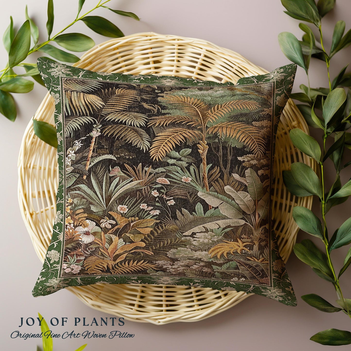 Maximalist Botanical Jungle Throw Pillow | Exotic Leaf Tropical Nature Theme Bedroom Decor Vintage Elegance Living Room Forest Cushion |