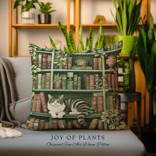 Vintage Green Cottagecore Botanical Cat Bookshelf Tapestry Pillow Country Cottage Farmhouse Whimsy, Rustic Plant Lovers Bookish Cat Cushion