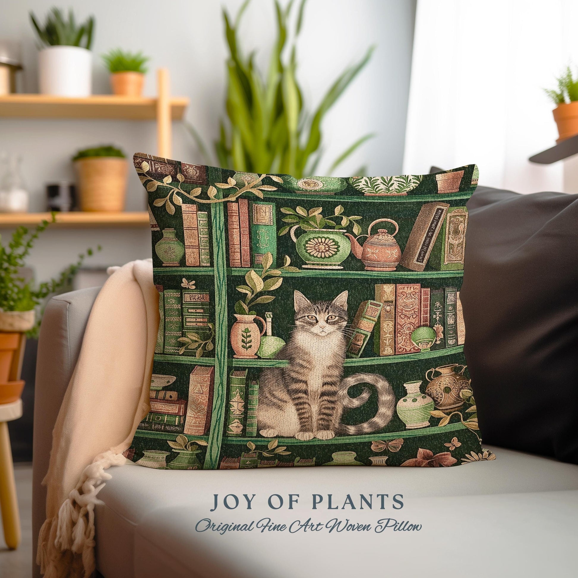 Retro Bookshelf Cat Pillow Botanical Academia Cottagecore Decor, Cozy Feline Library Theme Tapestry Pillow Whimsical Literary Aesthetic Gift