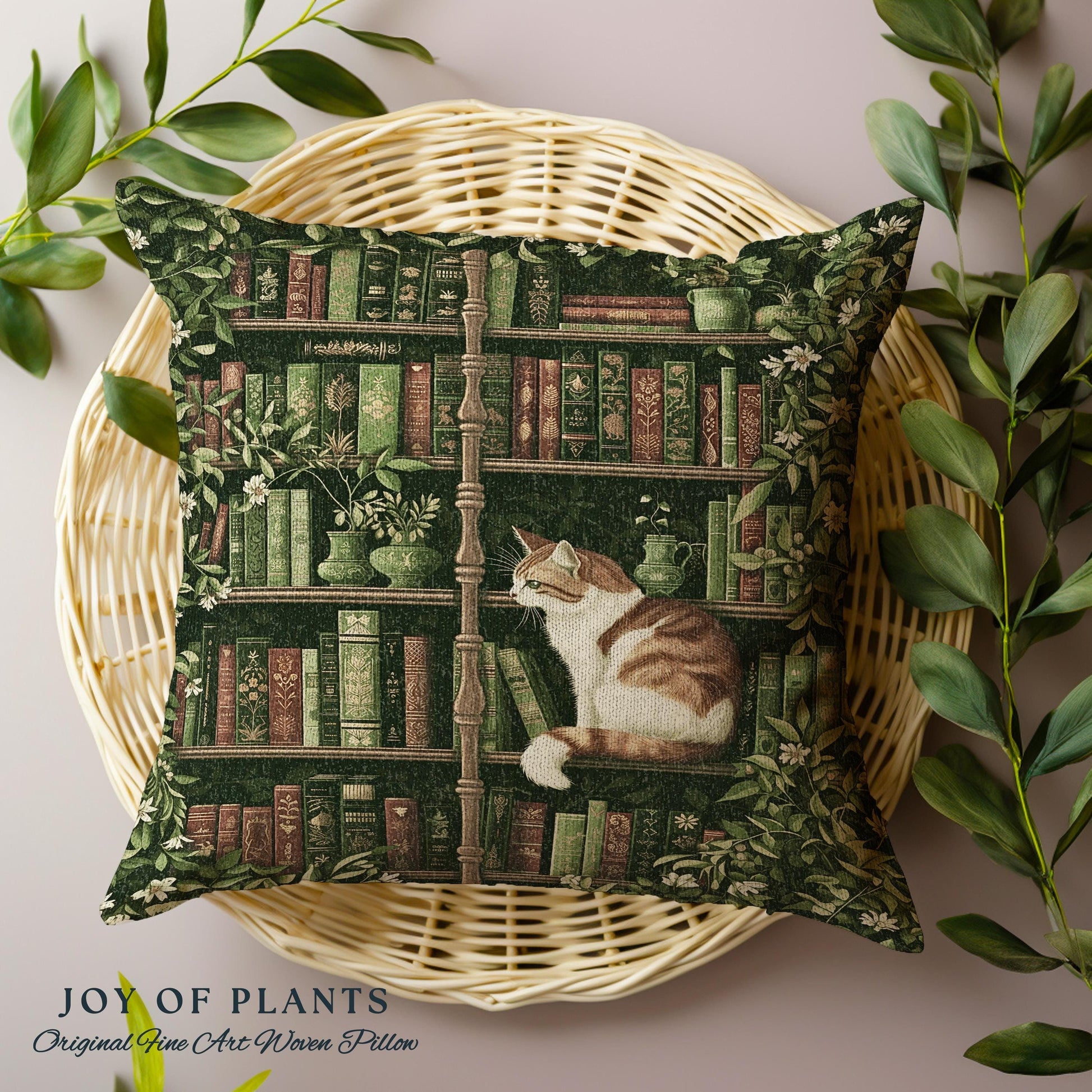 Whimsical Cat Bookshelf Pillow Dark Academia Botanical Cottagecore Style Decor Cozy Vintage Library Aesthetic Bookish Charm Tapestry Cushion
