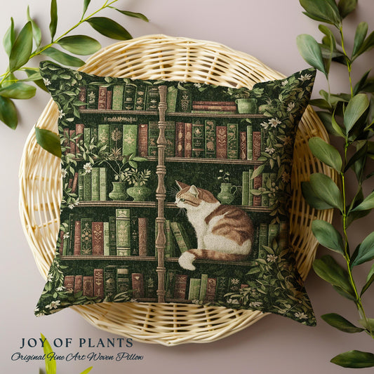 Whimsical Cat Bookshelf Pillow Dark Academia Botanical Cottagecore Style Decor Cozy Vintage Library Aesthetic Bookish Charm Tapestry Cushion