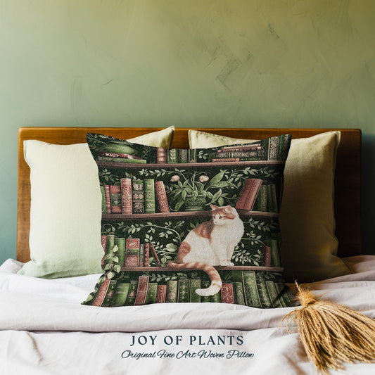 Victorian Gothic Cozy Cat Bookshelf Pillow | Fairycore Ethereal Bedroom Decor Reading Gift Dark Academia Woven Tapestry Wall Art Botanical