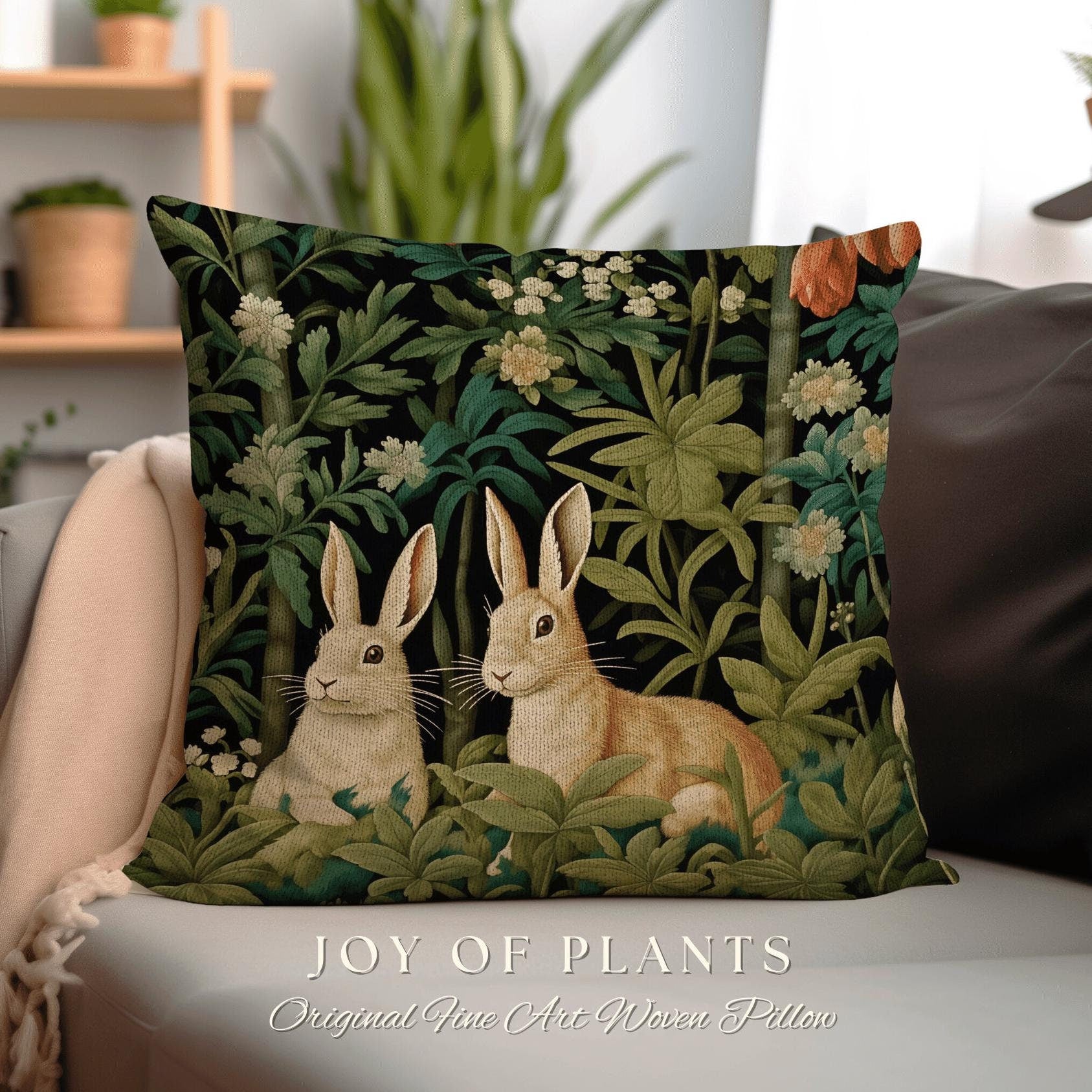 Secret Garden Bunnies Pillow Fairy Core Whimsical Accent Pillow Dark Academia Room Decor Bunny Aesthetic Rabbit Cushion Forestcore Botanical