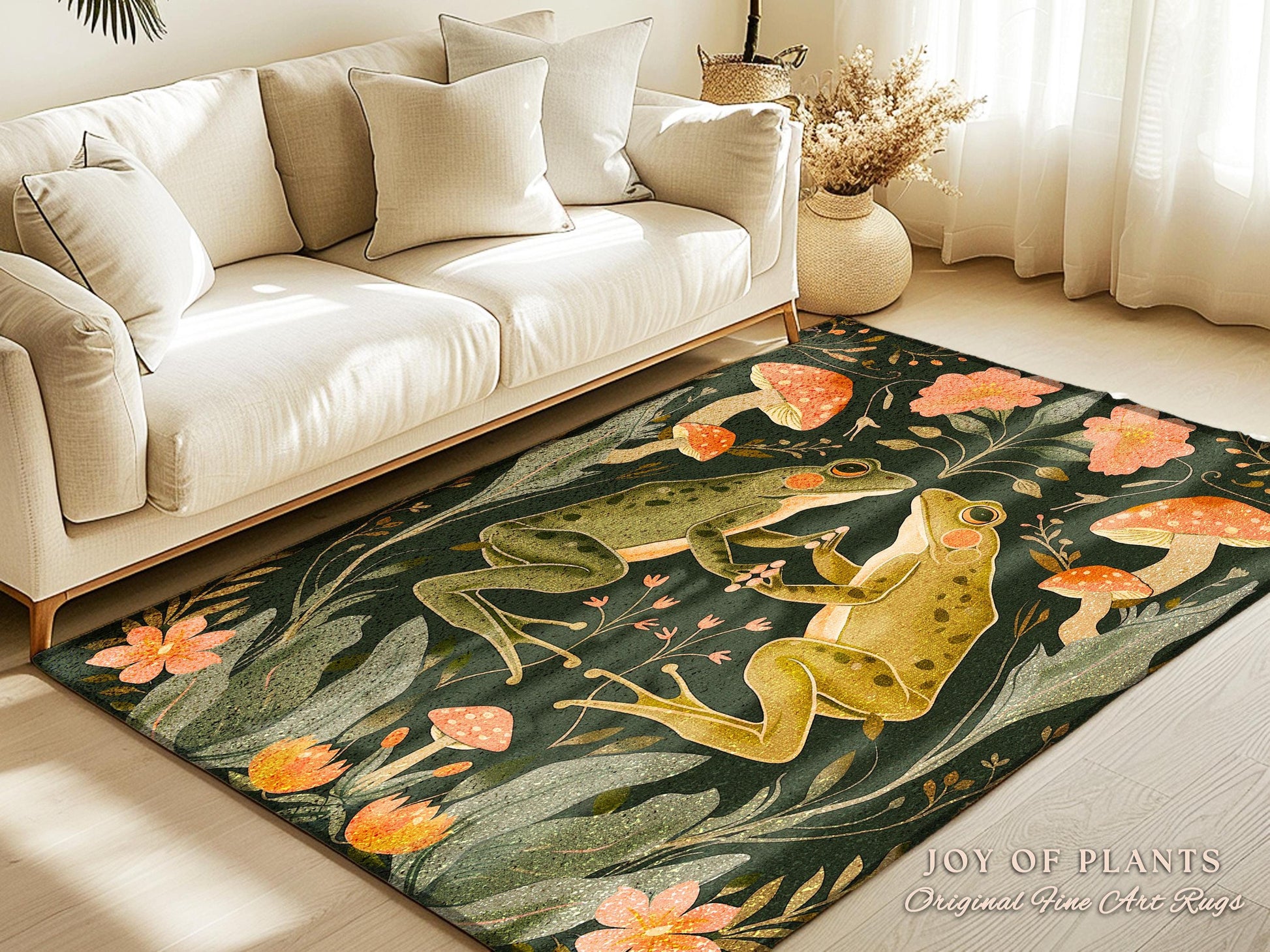 Scandinavian Frog & Toad Accent Rug | Folklore Cottagecore Rug Boho Floral Living Room Woodland Aesthetic Fairycore Nature Themes Nursery |