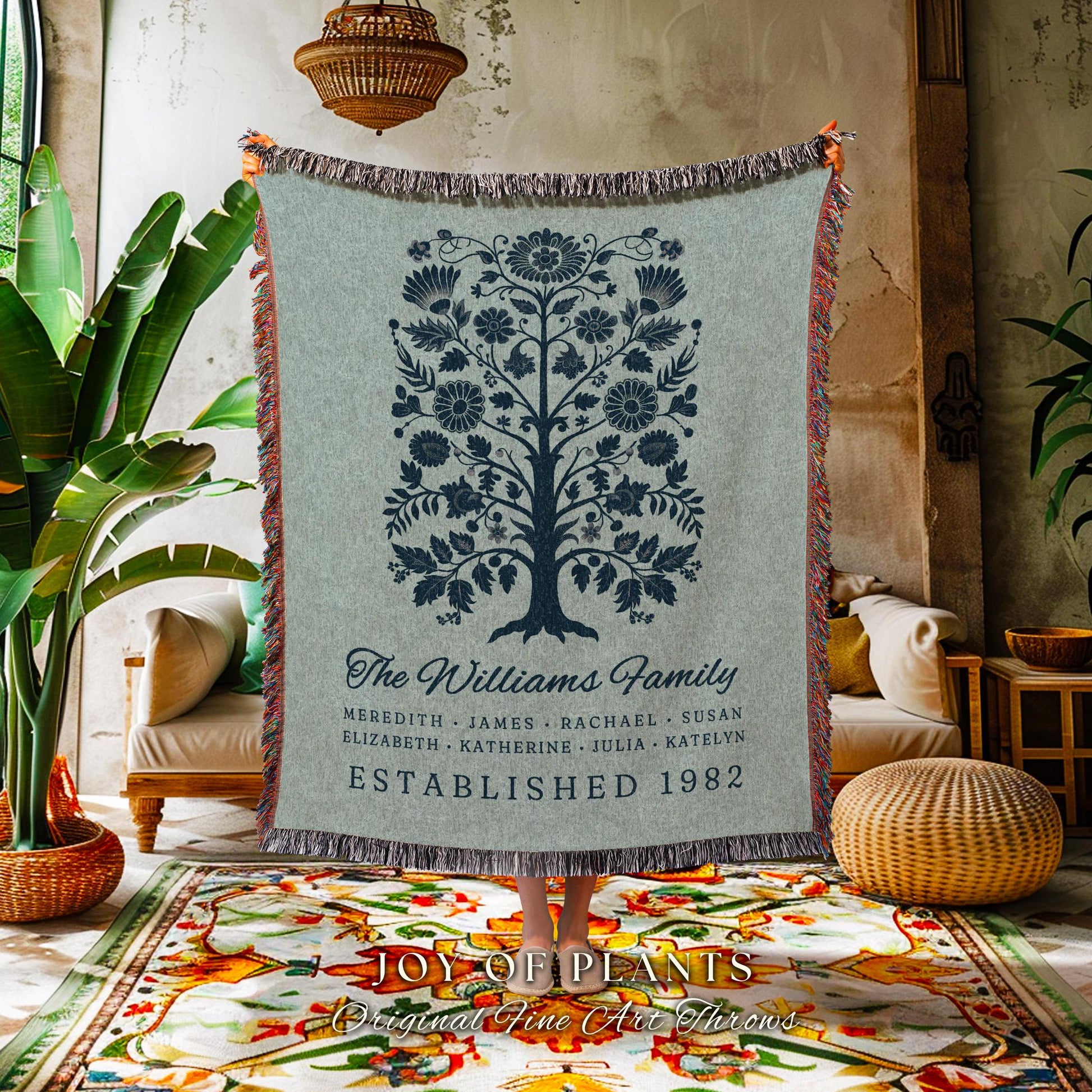 Family Heritage Tree Tapestry Personalized | Sentimental Personalized Mother's Day Custom Woven Blanket for Grandparents Meaningful Gift |