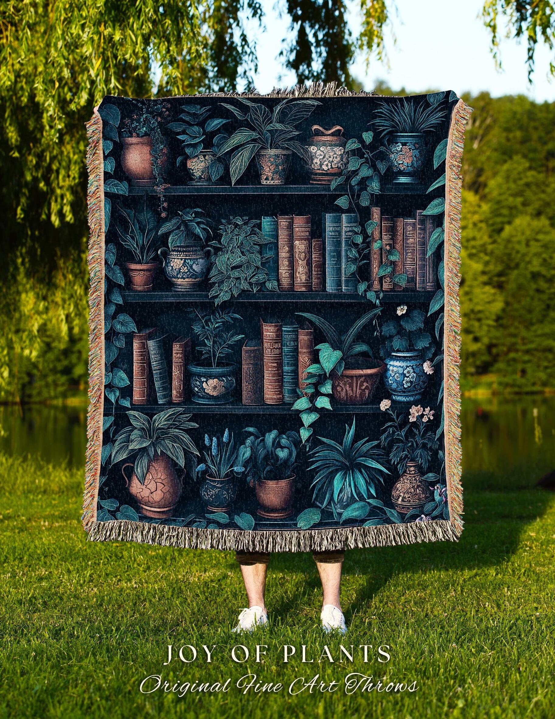 Moody Whimsigothic Bookshelf Tapestry Blanket | Rustic Medieval Woven Wall Hanging Dark Botanical Home Decor Victorian Goth Woodland Style |