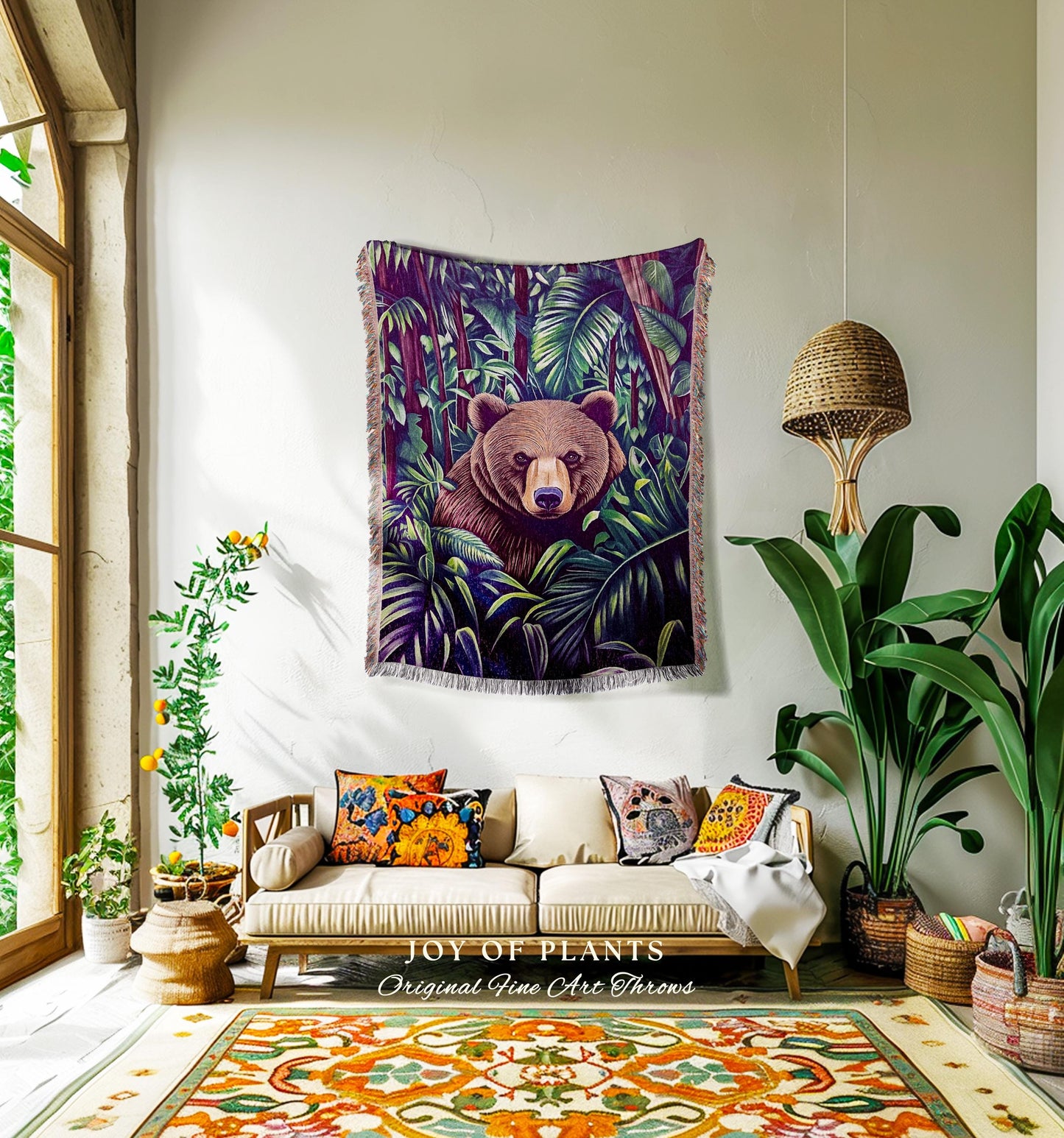 Woodsy Bear Woven Coverlet Maximalist | Woven Fringe Blanket Tapestry Dark Woodland Cottagecore Bear Lover Ethereal Indie Folklore Throw |
