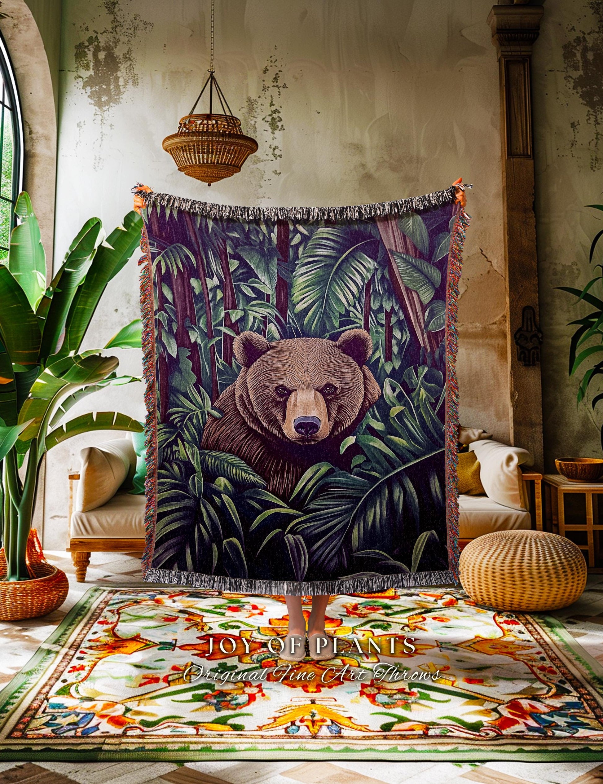 Woodsy Bear Woven Coverlet Maximalist | Woven Fringe Blanket Tapestry Dark Woodland Cottagecore Bear Lover Ethereal Indie Folklore Throw |