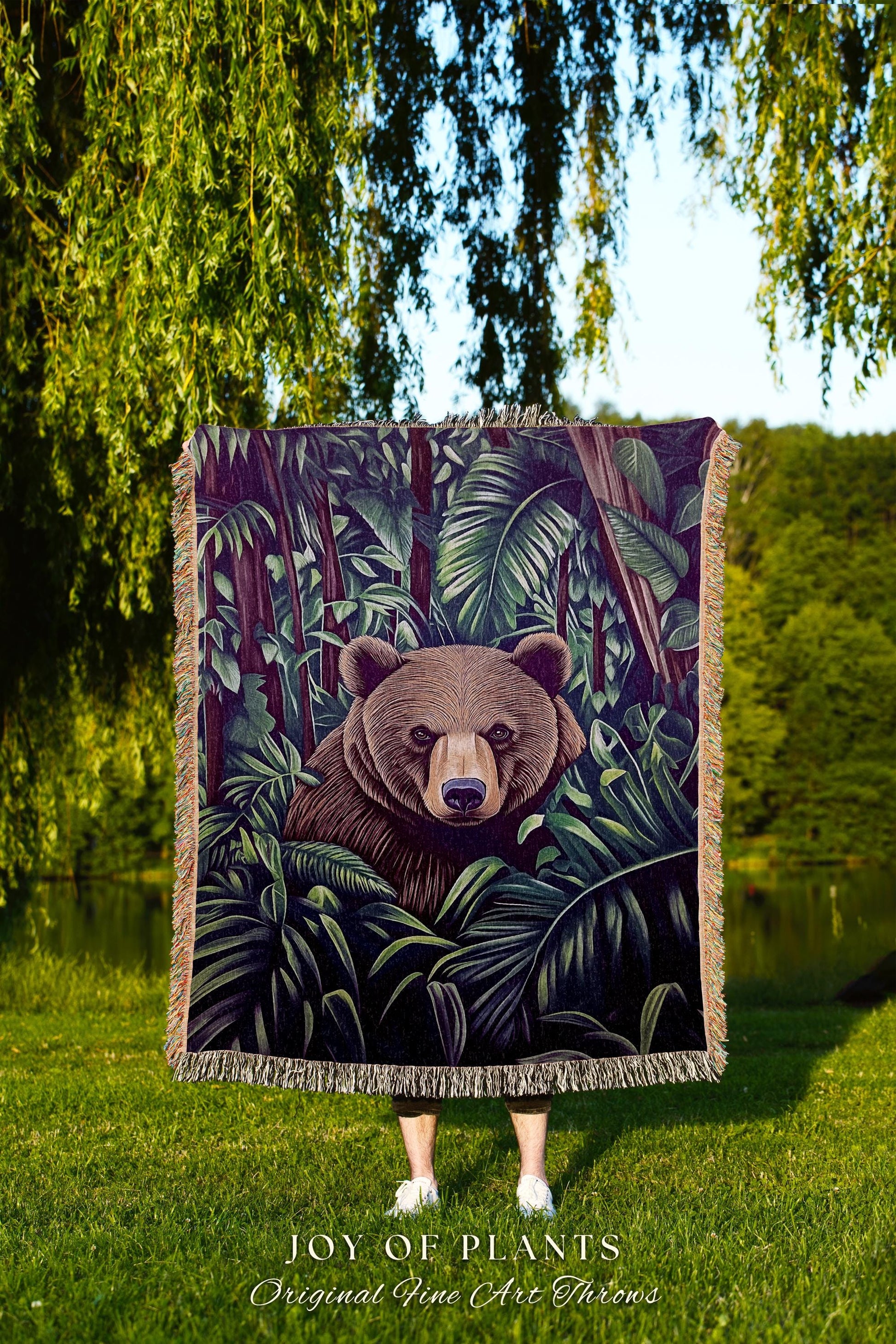 Woodsy Bear Woven Coverlet Maximalist | Woven Fringe Blanket Tapestry Dark Woodland Cottagecore Bear Lover Ethereal Indie Folklore Throw |