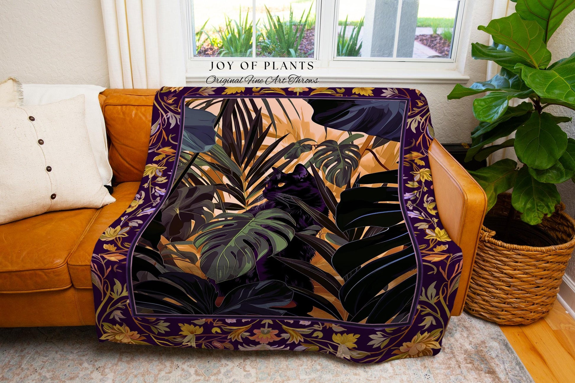 Enchanted Jungle Black Cat Blanket Whimsical Monstera Moody Maximalism Whimsigoth Woven Tapestry Retro Gothic Dark Botanical Art Cottagecore
