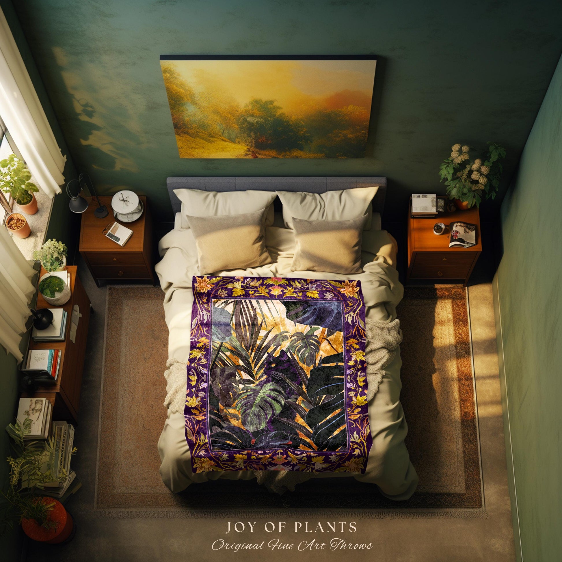 Enchanted Jungle Black Cat Blanket Whimsical Monstera Moody Maximalism Whimsigoth Woven Tapestry Retro Gothic Dark Botanical Art Cottagecore