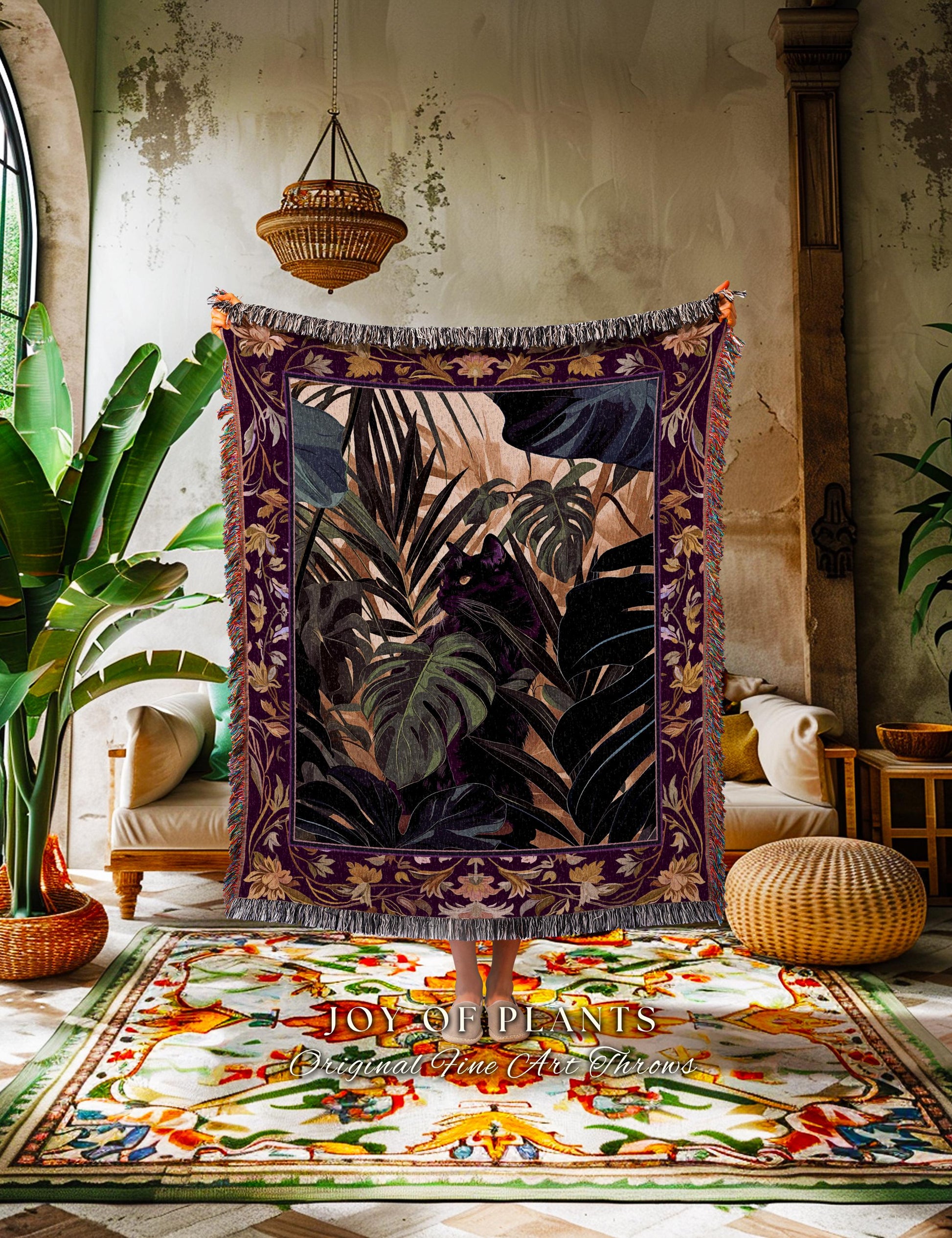 Enchanted Jungle Black Cat Blanket Whimsical Monstera Moody Maximalism Whimsigoth Woven Tapestry Retro Gothic Dark Botanical Art Cottagecore