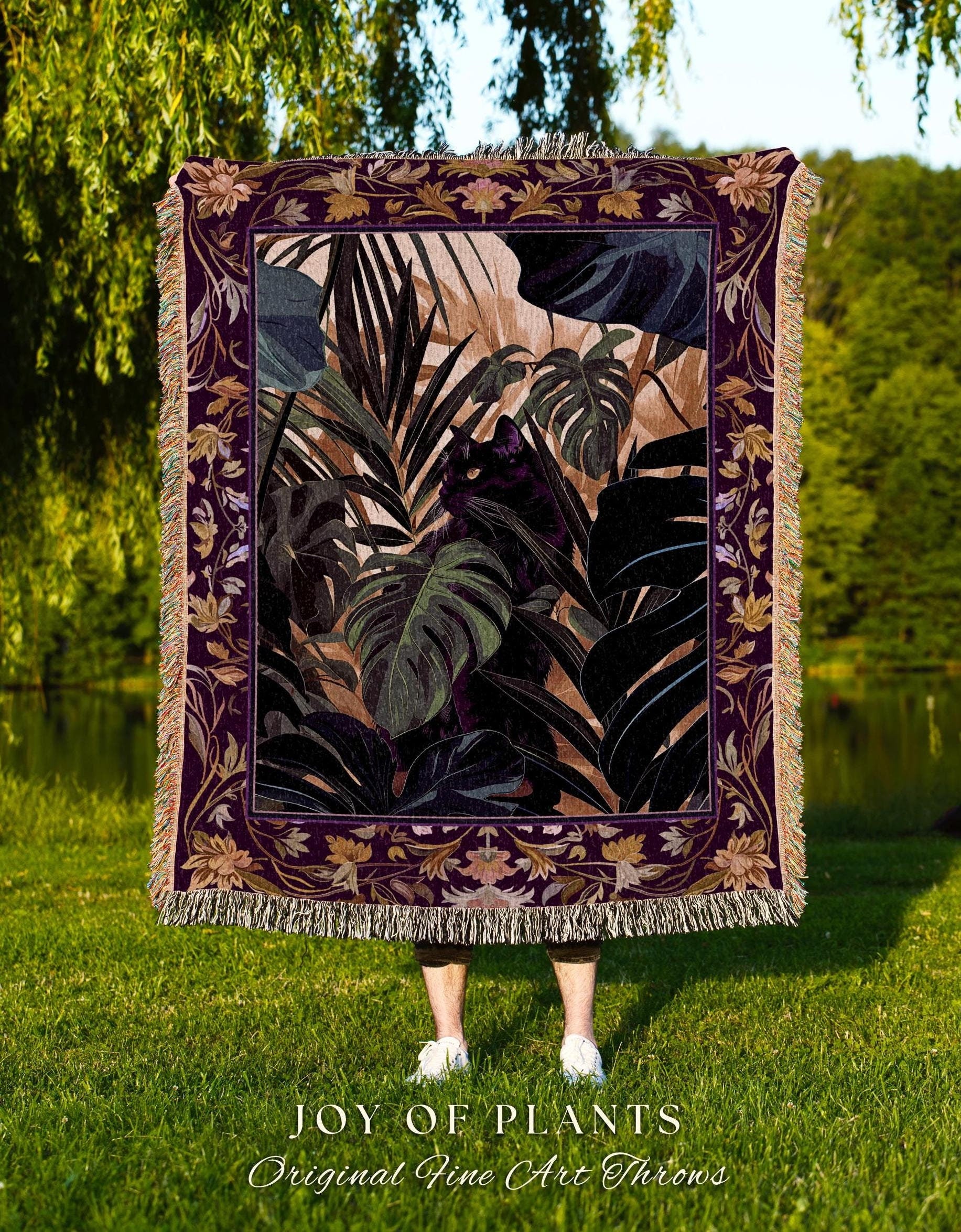Enchanted Jungle Black Cat Blanket Whimsical Monstera Moody Maximalism Whimsigoth Woven Tapestry Retro Gothic Dark Botanical Art Cottagecore