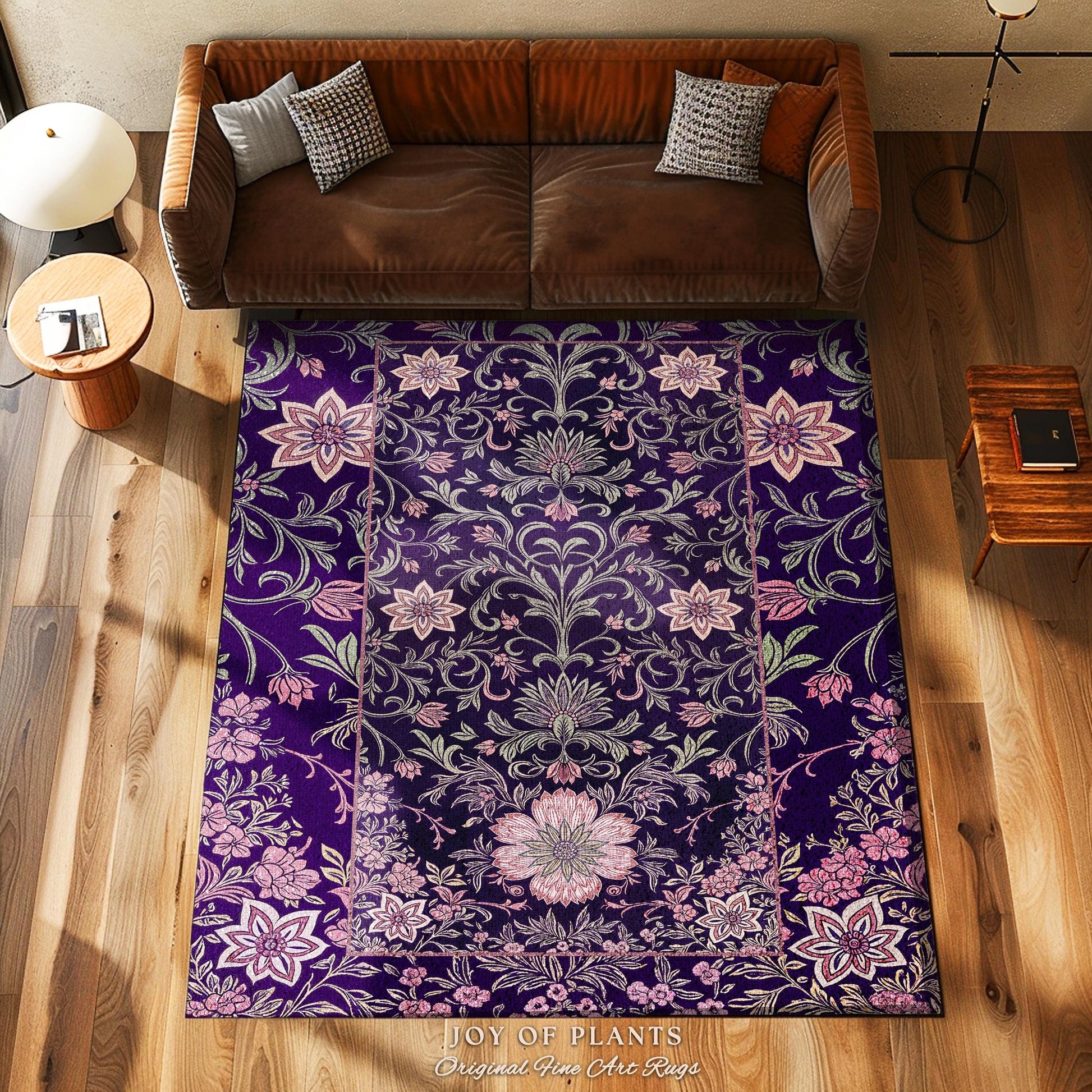 Runner Rug Whimsical Florals | Dark Renaissance Style Art Deco Aesthetic Purple Botanical Hallway Rug Morris Inspired Fairycore Gothic Room
