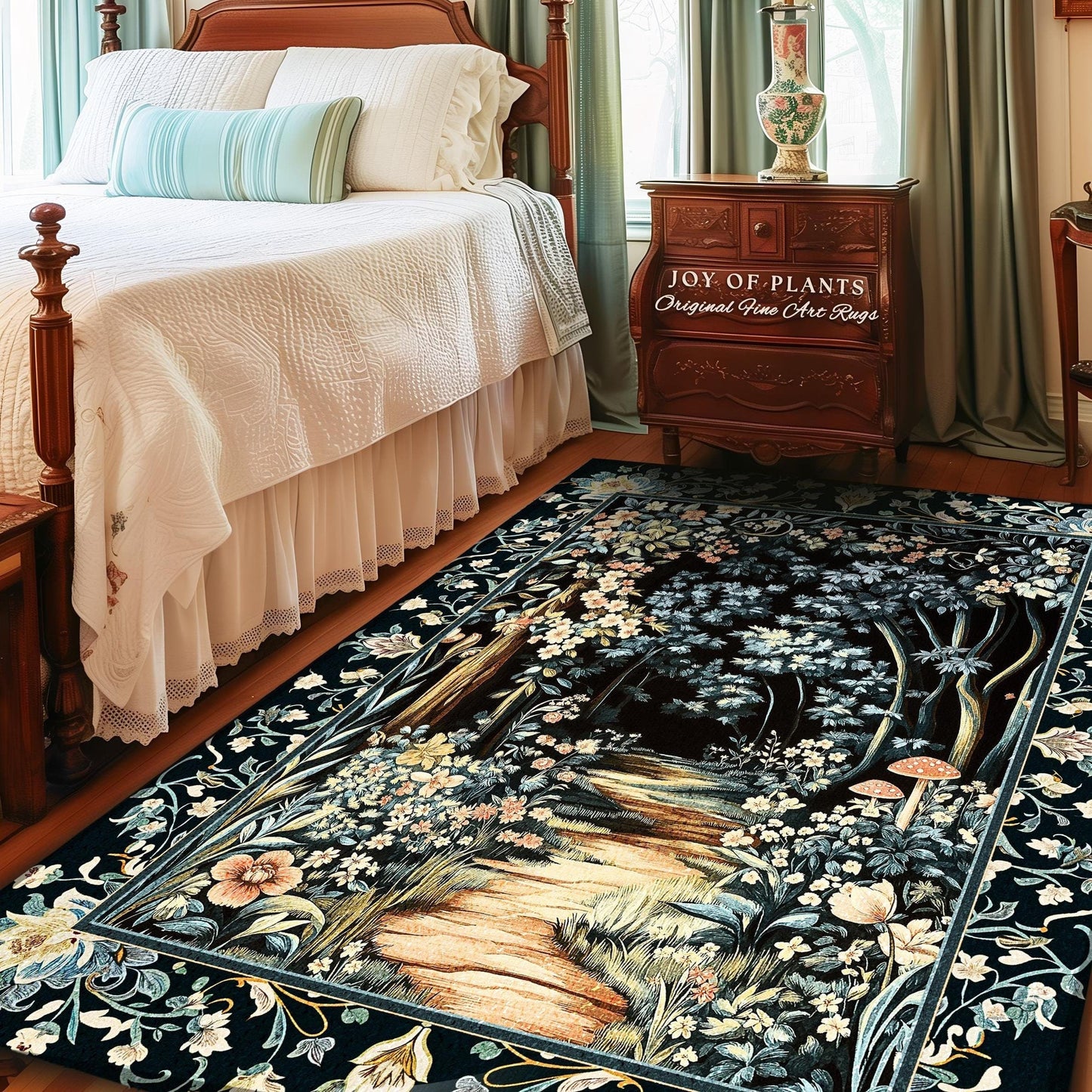 Dreamy Forest Landscape Botanical Area Rug | Misty Forest Dark Cottagecore Aesthetic Fairycore Book Nook Room Decor Magical Jungle Aesthetic