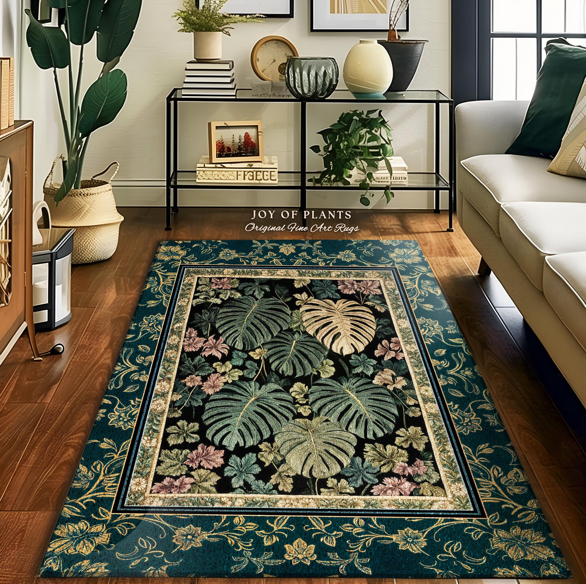 Earthy Botanical Boho Area Rug | Woodland Enchantment Tropical Statement Rug Maximalist Elegance Woodland Moody Classic Jungle Vibe Bedroom