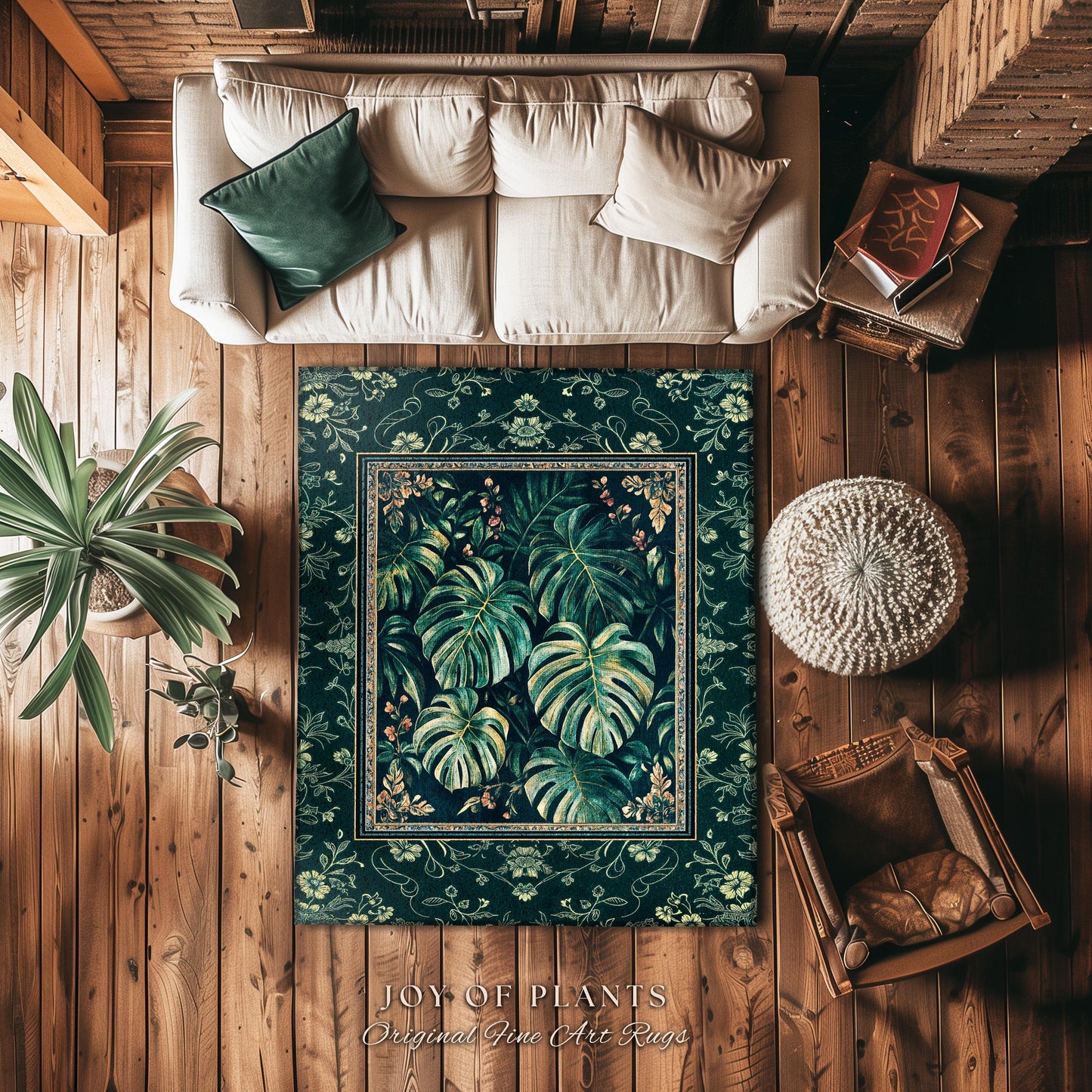 Elegant Botanicals Emerald Area Rug | Tropical Monstera Deliciosa Plant Lover Aesthetic Greenhouse Green Moody Jungle Vibe Dark Maximalist |