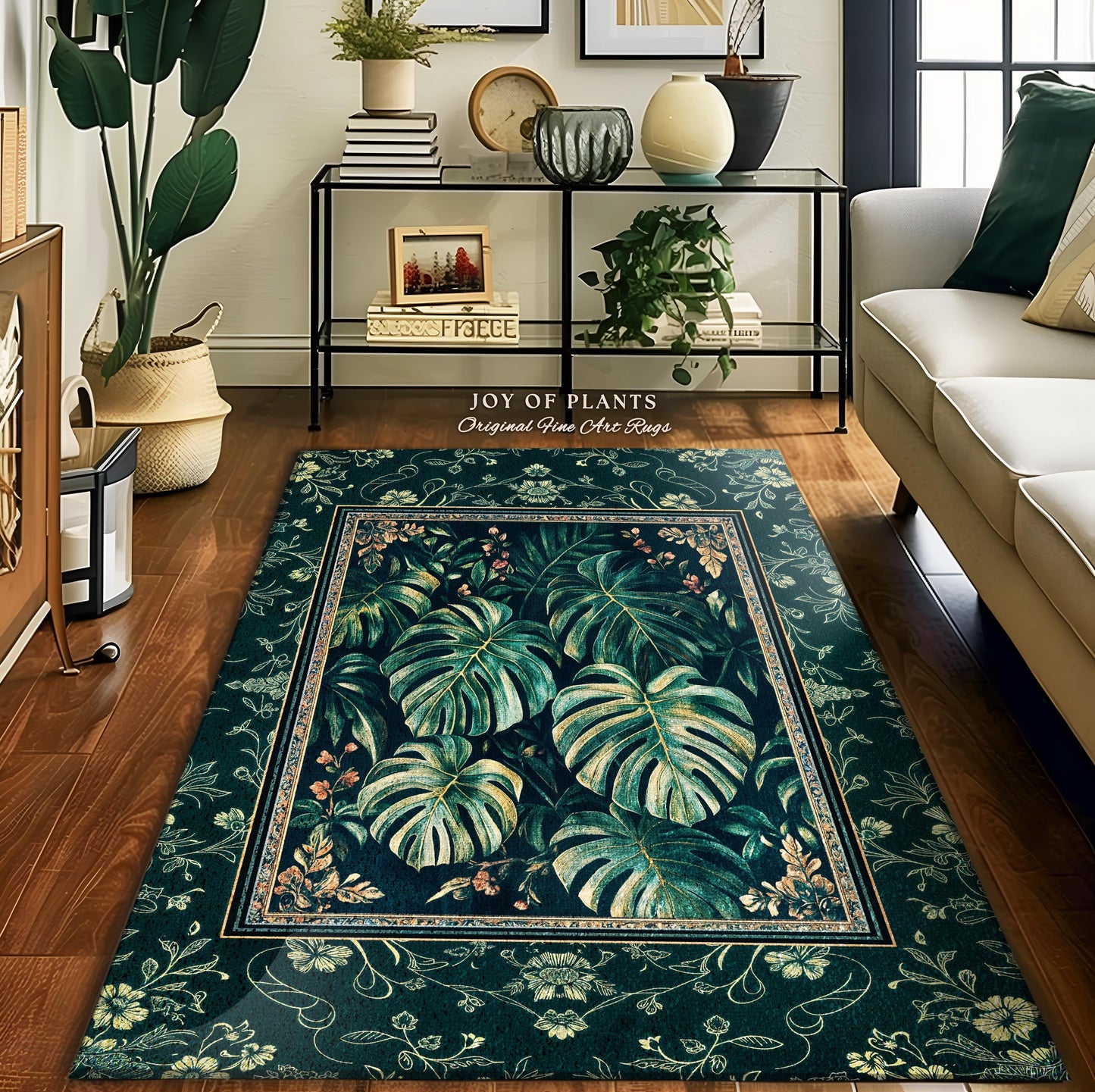 Elegant Botanicals Emerald Area Rug | Tropical Monstera Deliciosa Plant Lover Aesthetic Greenhouse Green Moody Jungle Vibe Dark Maximalist |